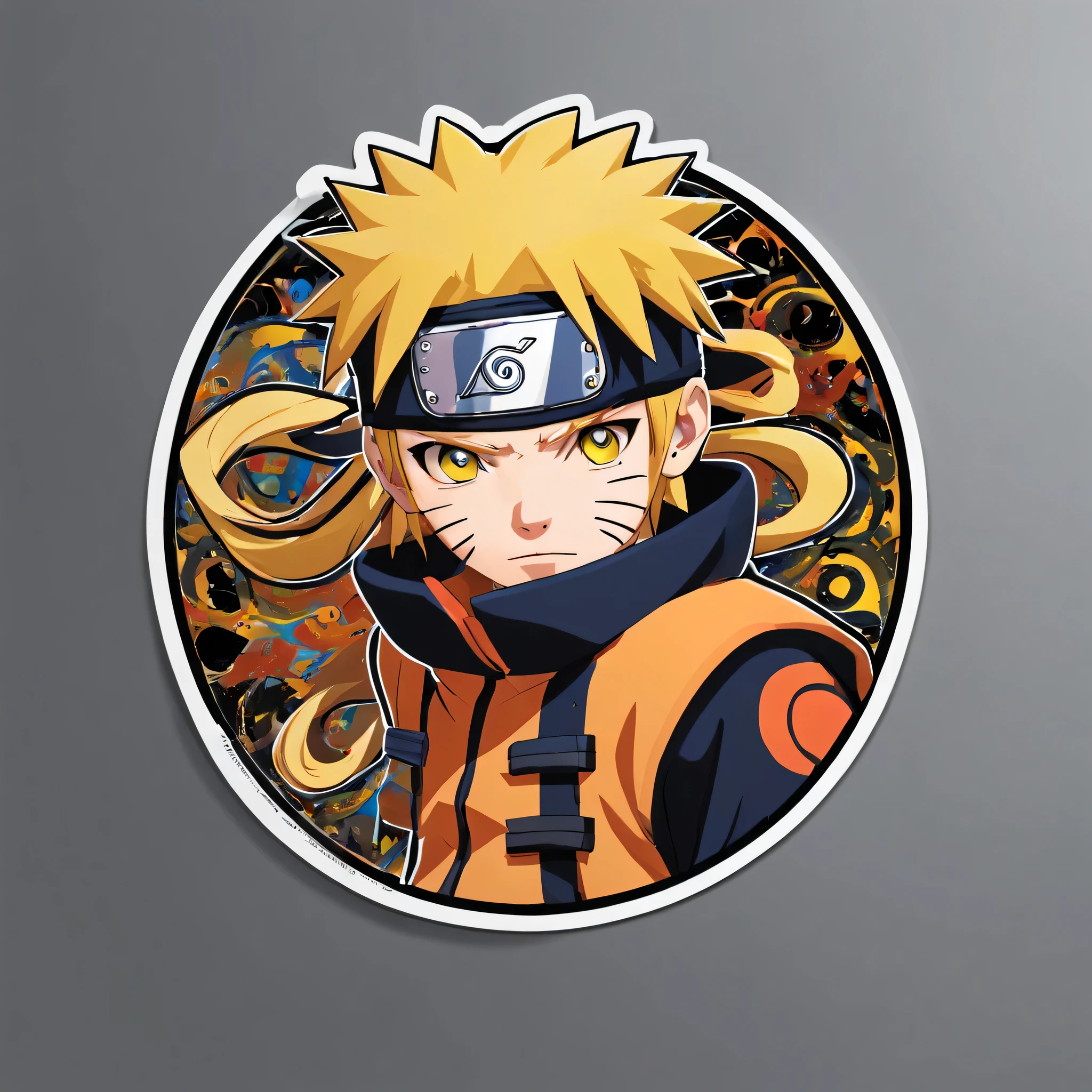 (a sticker,),(3D anime naruto),yellow hair,(on a round background), (Pollock border)（oil painting style）， Super detailed, best quality, Detailed illustration, vectorized, 8k, 专业a sticker设计, graphic design, vector line, a sticker, Full HD