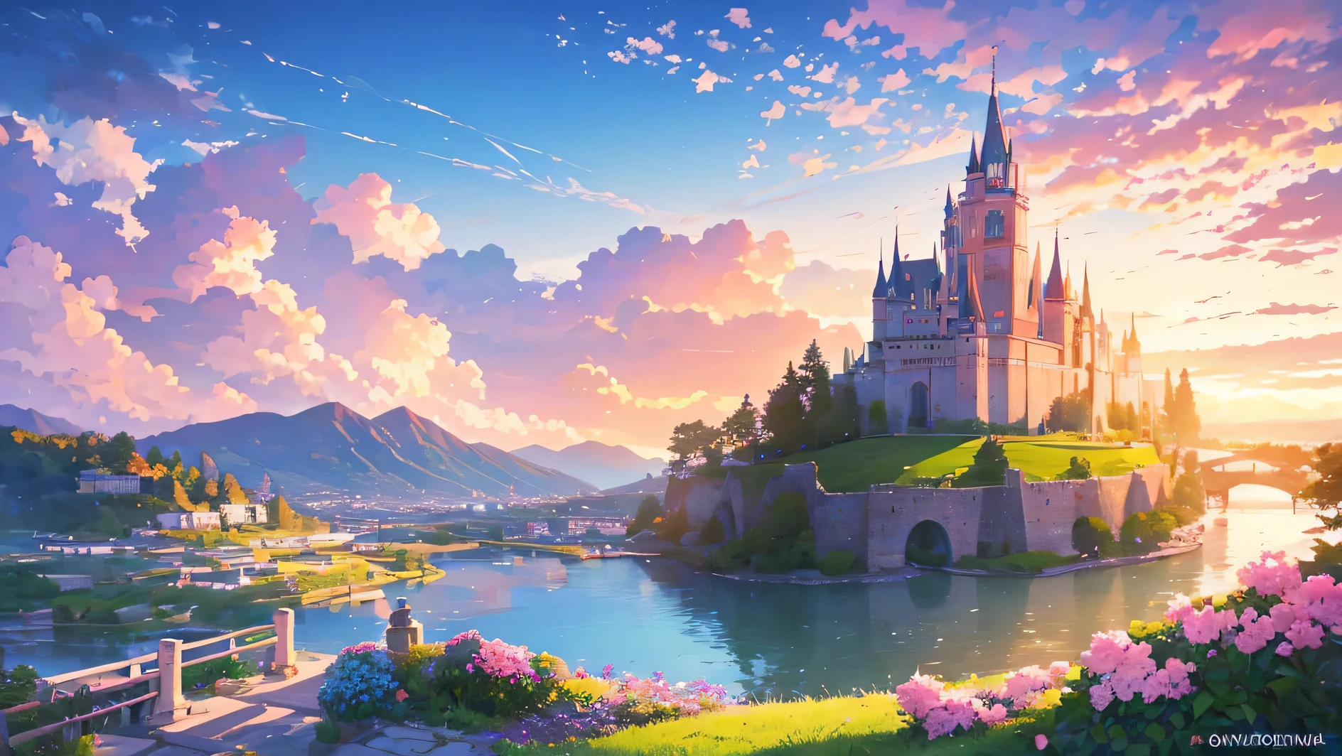 a huge castle romantic and girly in a valley 10 in the morning, a lake of water, lot of pink and rose gold flowers and beautiful sky with clouds