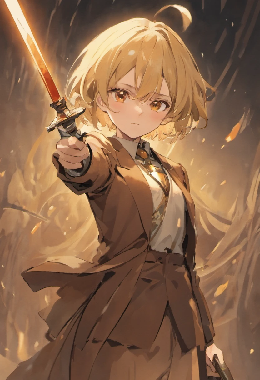 Female Genshin character in brown suit-like outfit with sword. Short blonde curled hair. Amber eyes. Serious expression. Rapier.