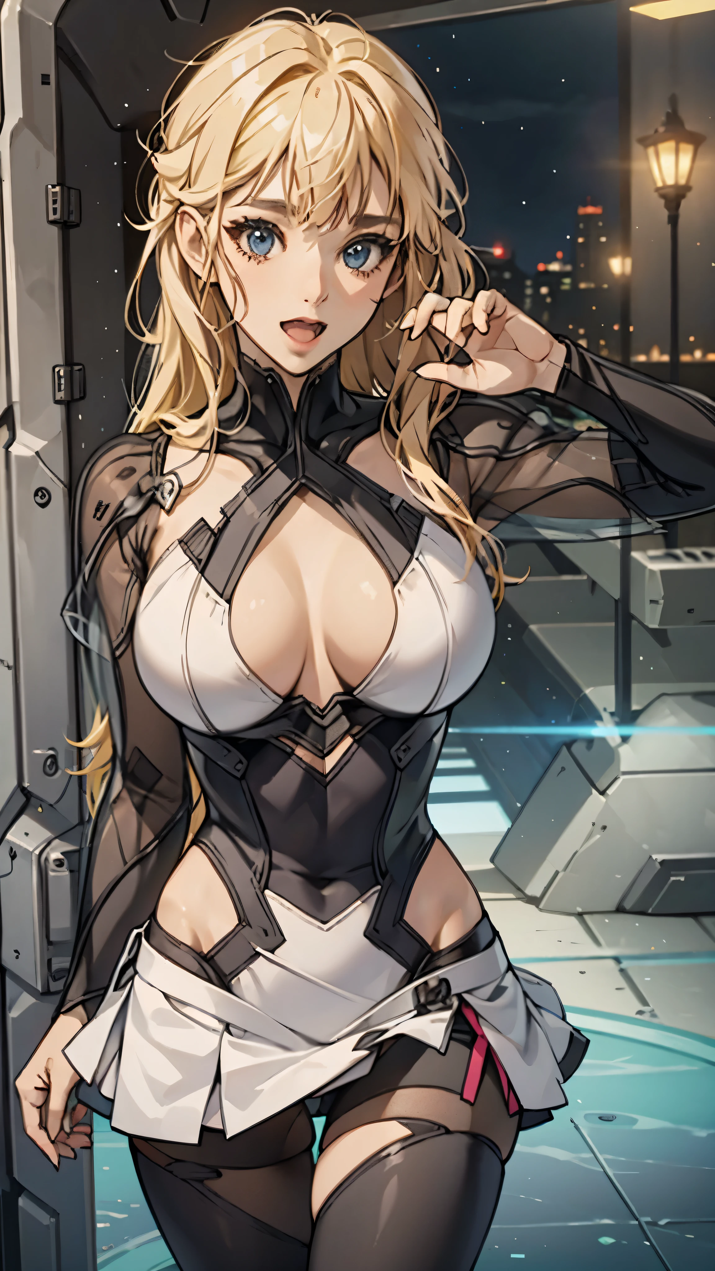 woman,20-year-old,,city,night,((white tight miniskirt bodysuit)),(Harada Makoto),open mouth smile,(((See-through))),((blonde)),long hair