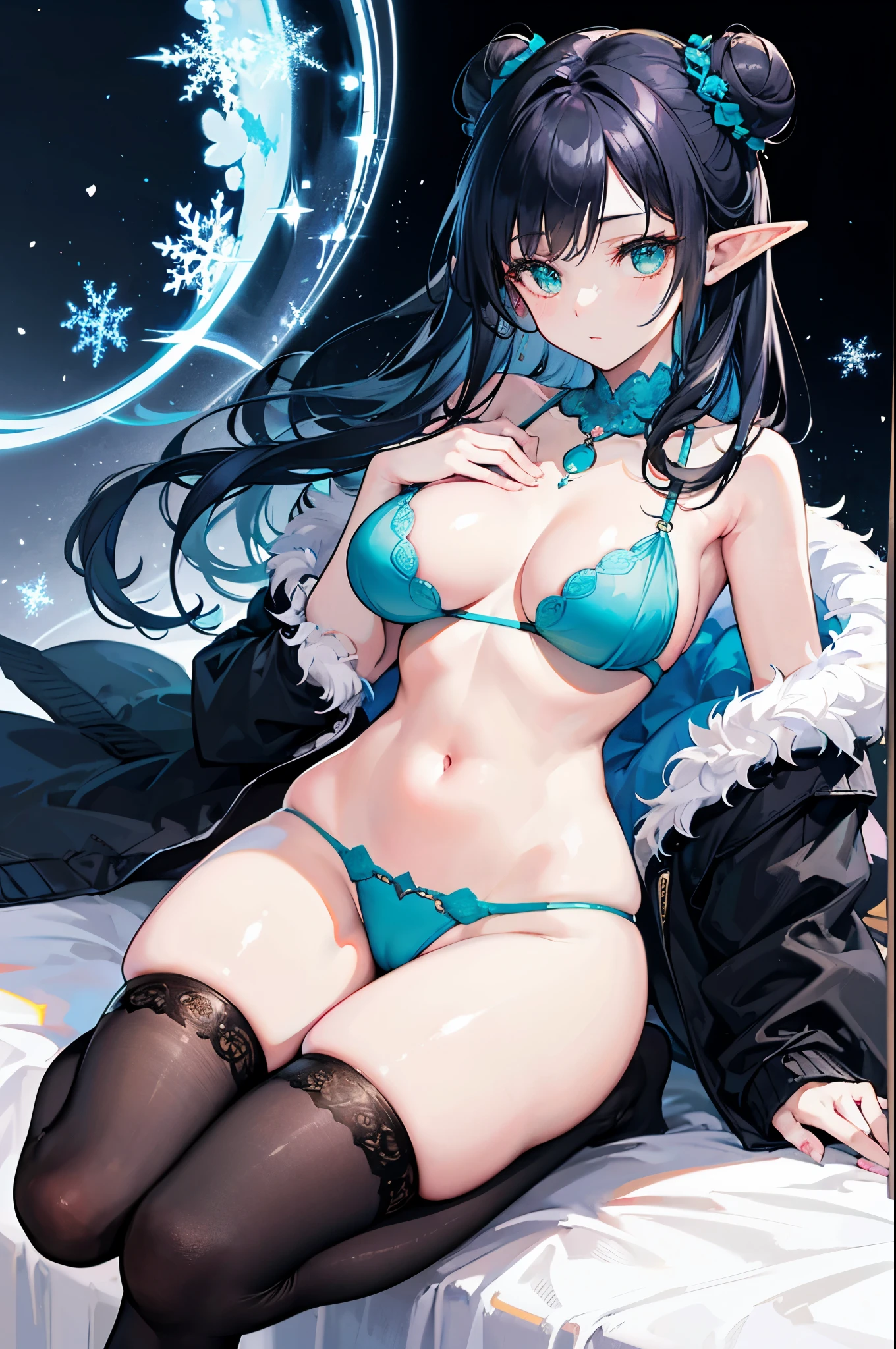 Detail image, realistic image, 1 elf. She has long black hair in a bun, large turquoise eyes, a delicate oval face, medium breasts and a curvy figure. She is wearing an off-shoulder sweater, thin thong, moccasin slippers, stockings to mid-thigh. snowflakes. Black background. Ambient light. Volumetric Light