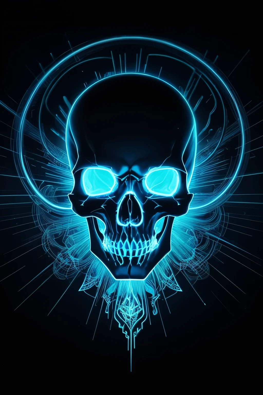 A mesmerizing solo artwork featuring adisco skull, bathed in the radiant glow of neon lines and a vibrant blue aura. The intricately detailed skull design is set against a dark, ominous backdrop, the contrast between the glowing elements and the shadowy background creating an enchanting, otherworldly atmosphere. The neon lines dance and weave around the skull, their brightness casting a surreal, ethereal light upon the intricacies of the bone structure. The glowing blue aura surrounding the skull adds an air of mystique and allure, drawing the viewer in with its captivating display of energy and light. This stunning glowing disco skull artwork