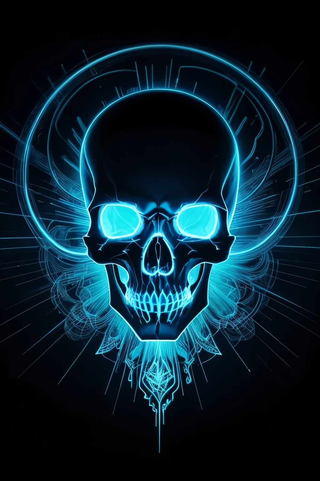 A mesmerizing solo artwork featuring adisco skull, bathed in the radiant glow of neon lines and a vibrant blue aura. The intricately detailed skull design is set against a dark, ominous backdrop, the contrast between the glowing elements and the shadowy background creating an enchanting, otherworldly atmosphere. The neon lines dance and weave around the skull, their brightness casting a surreal, ethereal light upon the intricacies of the bone structure. The glowing blue aura surrounding the skull adds an air of mystique and allure, drawing the viewer in with its captivating display of energy and light. This stunning glowing disco skull artwork