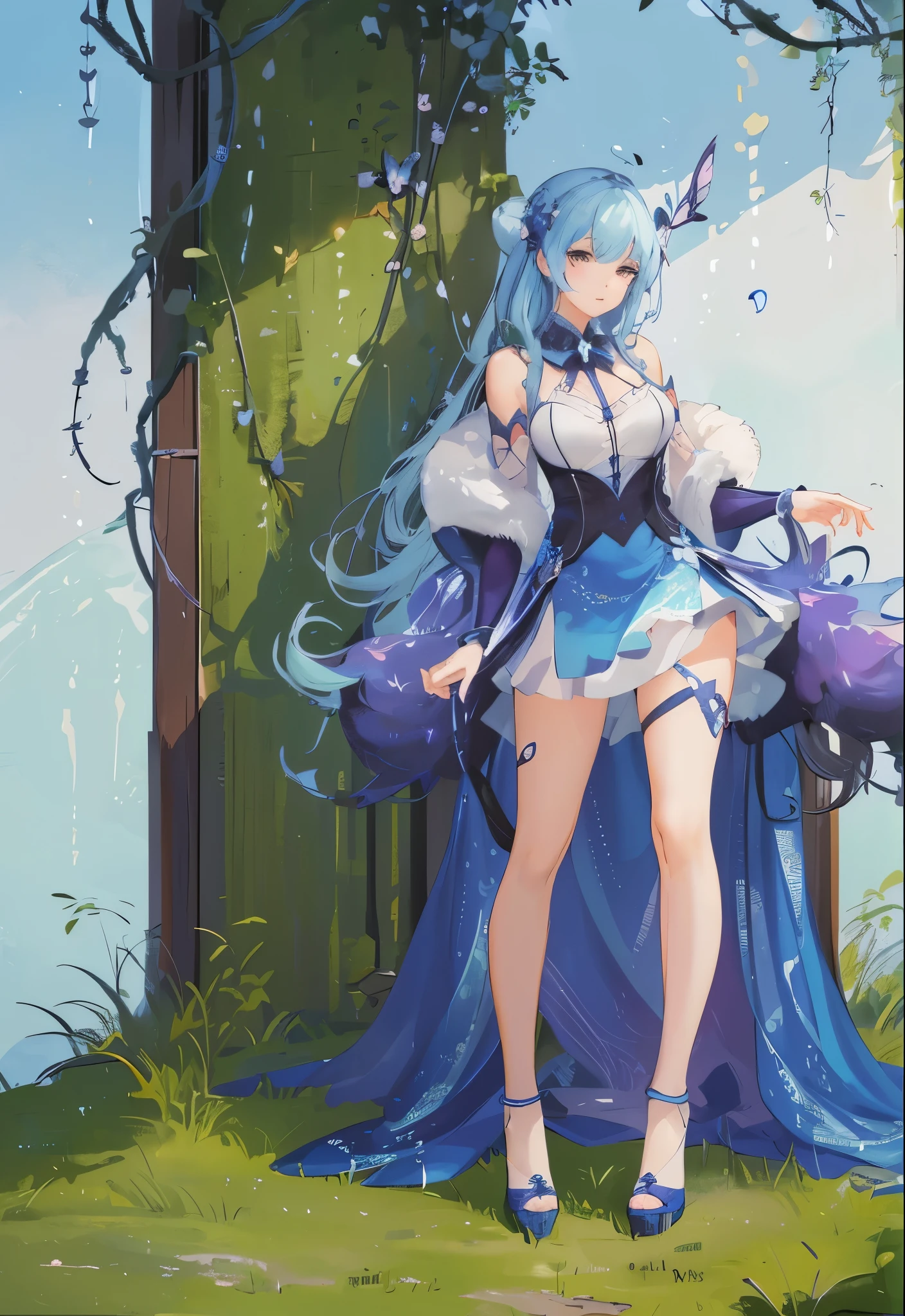 anime girl with butterfly wings and blue dress holding a butterfly, fantasy art style, beautiful character painting, by Yang J, beautiful young wind spirit, beautiful fantasy anime, 8k high quality detailed art, with beautiful wings, beautiful fantasy art, beautiful digital artwork, digital fantasy art ), a beautiful fantasy empress, artwork in the style of guweiz, by Li Song
