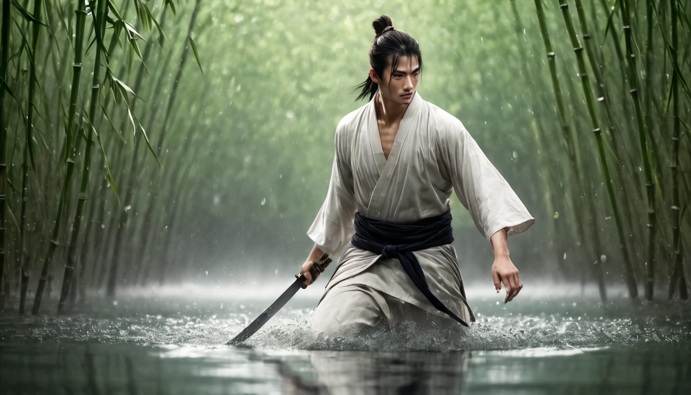 (Realistic),masterpiece,best quality,cinematic lighting,natural shadow,highest detail,professional photography,detailed background,depth of field,insane details,intricate,aesthetic,subsurface scattering,dynamic angle,A young and handsome male swordsman in white Han costume stands in the water, He waved his sword,Doing very cool moves, The water in the gourd overflowed, water droplets, sparkling, bamboo forest, river, Bamboo leaves fall, Chasing the light, animation style images, CG animation, Fantasy artwork,lower style
