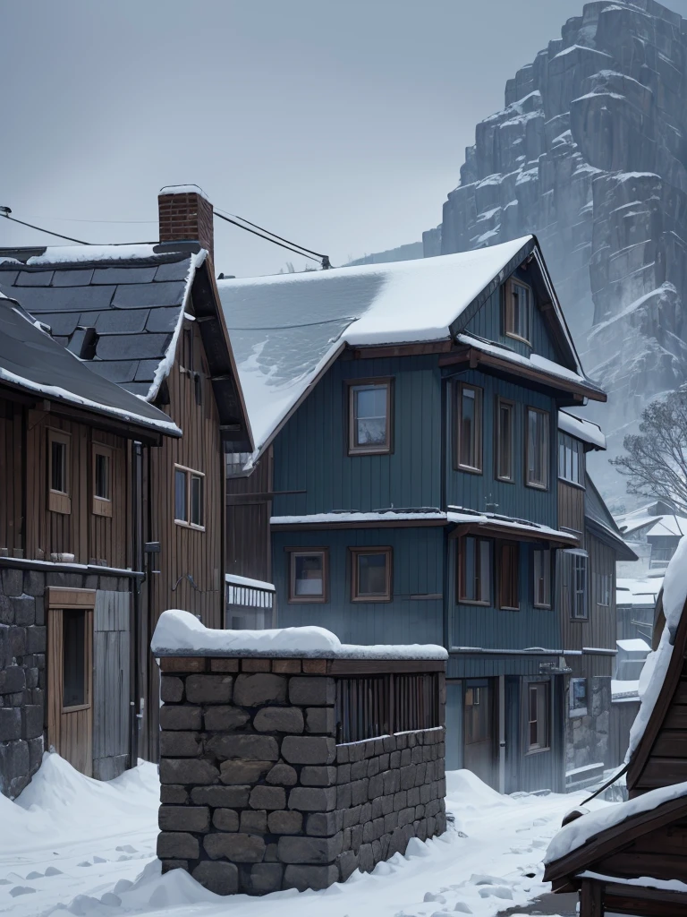 long street, Stone house at the foot of the mountain, natta, Blizzarding, without humans, Ominous atmosphere