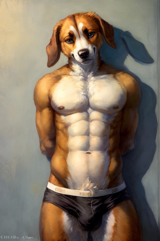 Solo, Furry, Anthro, Beagle, Male, E621, Standing, Hands behind back, Wearing underwear, Simple background, Front view, by Childe Hassam
