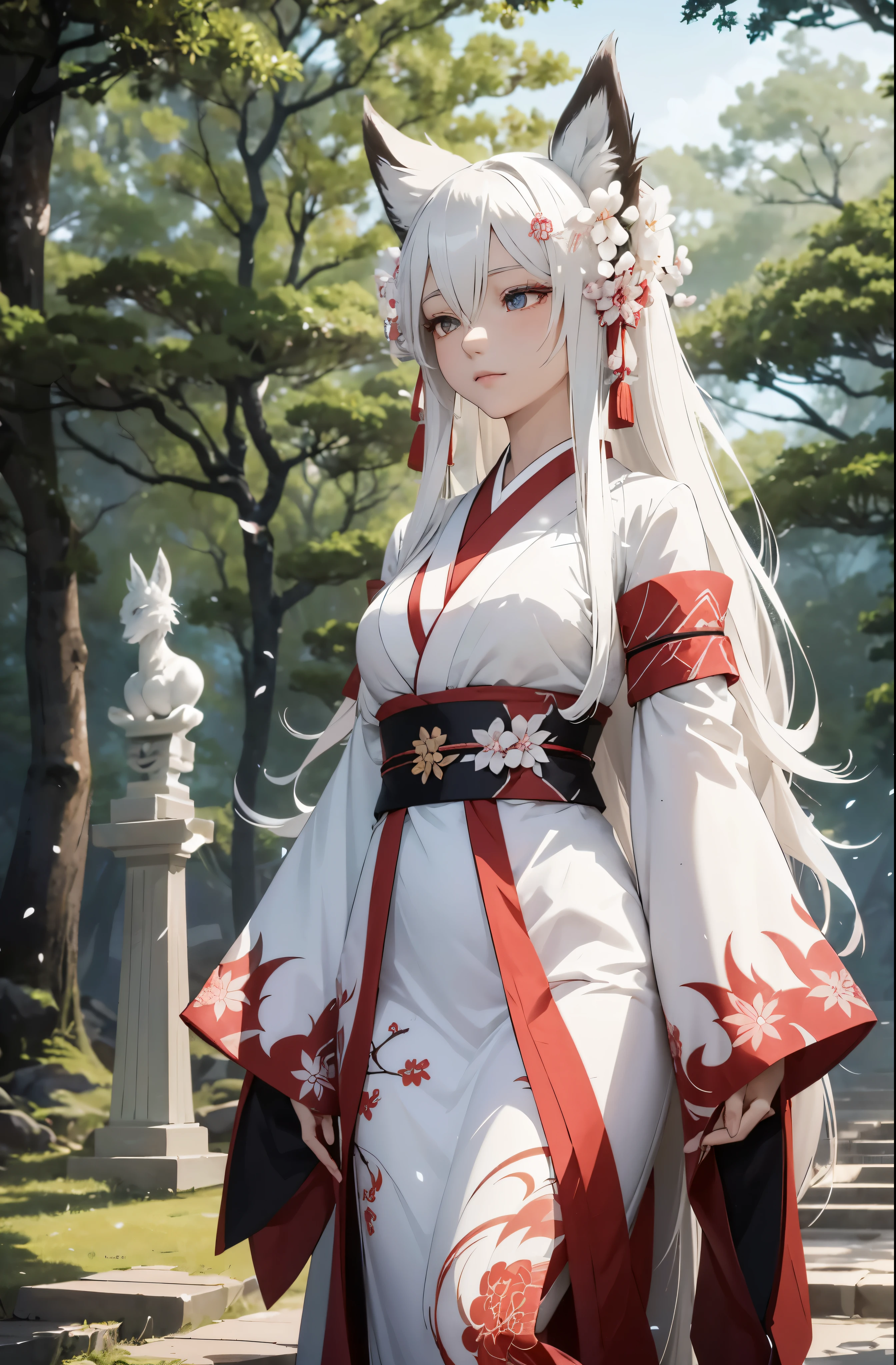 A humanoid white haired nine tailed fox (from Japanese Mythology) standing elegantly in a forest with different blossoms, including Sakura. At her feet is a decapitated body, while she holds the decapitated head by the hair down at her side. While she looks up into the sky, while rays of sunlight hit her face.