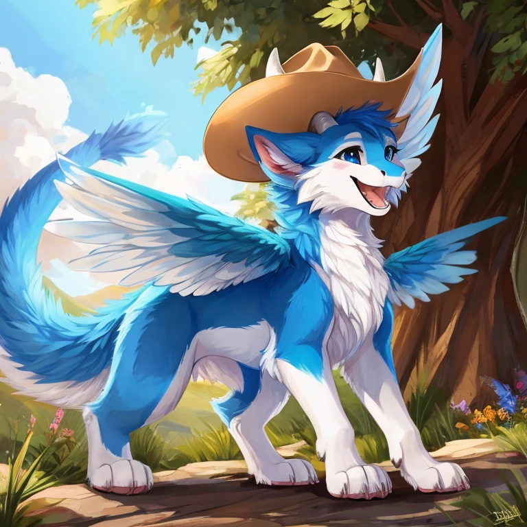 furry art, feral, furred dragon, female, white and blue fur, wings, big ears, horns, tail, chest fluff, paws, fangs, happy, quadruped, clothed, wearing tank top, wearing shorts, wearing cowboy hat, cute