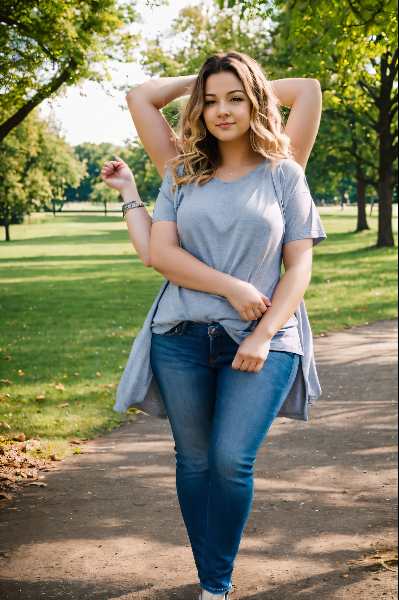 Young woman, age 28, curvy, blonde, casual clothing, wavy hair, in park, happy, four arms,