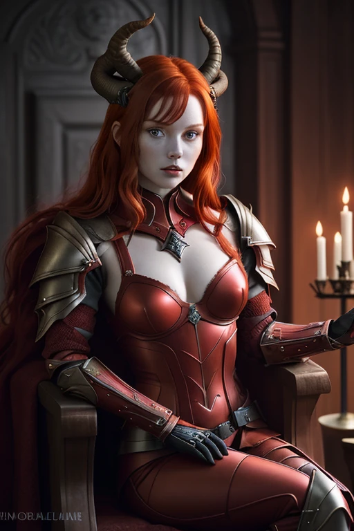 There is a woman sitting on a throne wearing female war armor, sample cleavage, red-haired girl, horns on her head, beautiful red-haired woman, red-haired woman, red-haired young woman, short bright red hair, red hair and attractive features, Anna Nikonova aka as Newmilky, red-haired girl, redhead, beautiful woman, sitting imposingly on a black oak throne, redhead, with short red hair, posing with arrogance and refinement in a dimly lit room, devilish villain