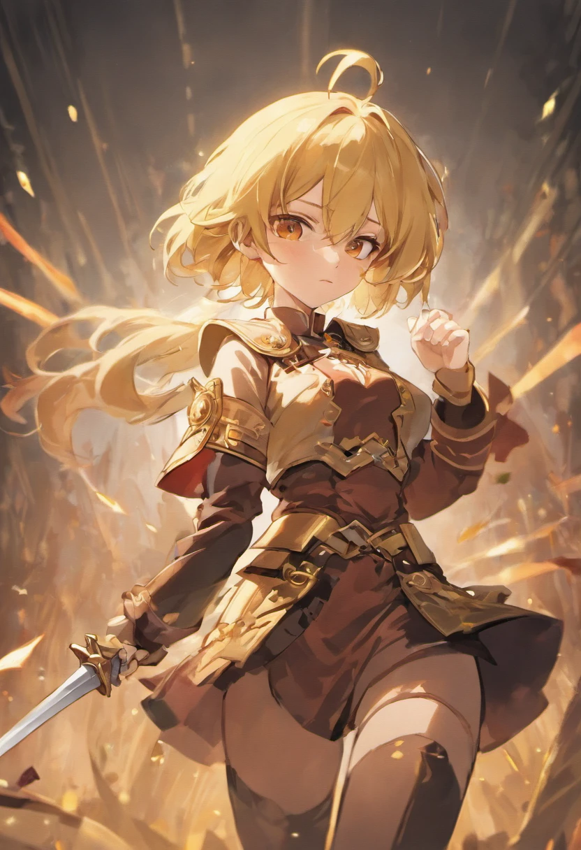 Female Genshin character in brown toy soldier inspired outfit with sword. Short blonde curled hair. Amber eyes. Serious expression. Rapier.
