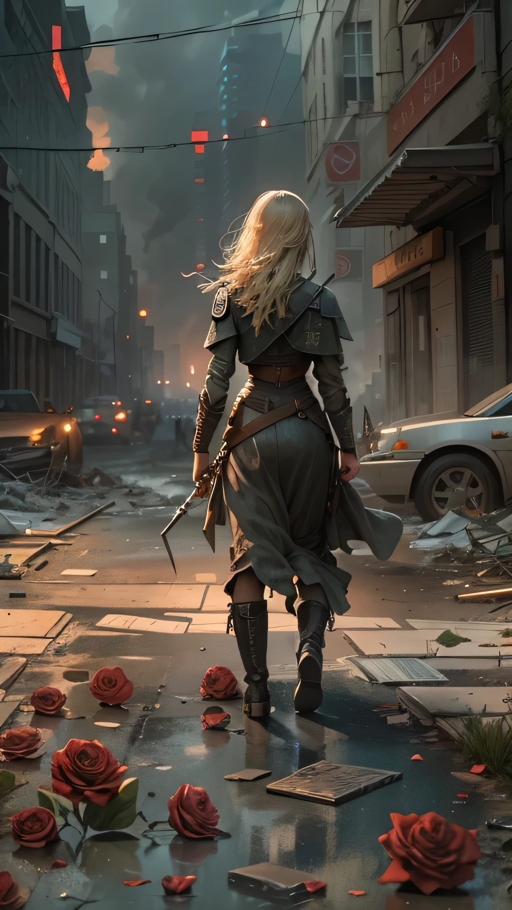 In a dystopian future, a lone figure stands in a desolate corner, surrounded by towering ruined buildings. A scared 20-year-old woman with a beautiful long white dress, brown boots and blonde hair, holds a bouquet of roses in one of her hands, Captain America is at her side hugging her from behind. The streets are empty and littered with debris, creating an eerie atmosphere. Intense, dim lighting casts long, ominous shadows across the cracked asphalt. The figure's gaze is directed toward a distant neon sign that flashes intermittently, revealing phrases of propaganda and unrest. The colors of the scene are predominantly dark and dull, evoking a sense of despair and decay. The figure's eyes emit an intense and penetrating glow, reflecting his determination and resilience in this harsh reality. The scene is captured in a highly detailed photorealistic style, showing the intricate textures and minute details of the ruined buildings and the figure's worn outfit. Image quality is of the highest standards, with sharp focus and vivid colors. The overall mood of the image exudes a sense of desolation and impending doom, which resonates with themes of dystopian fiction.