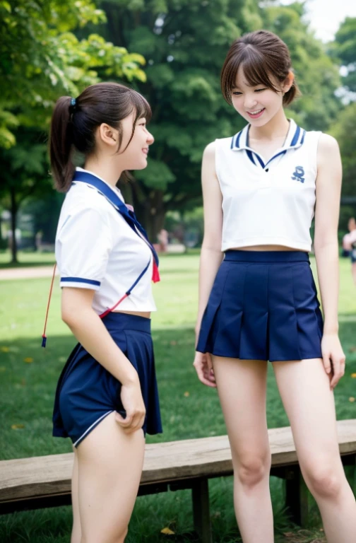 Two girls in the park,Navy Blue School Swimwear、Strings Holder Strap、With white trim,18-year-old,bangs,a little smile,thighs,share,knees,short cut hair,ponytail,from below