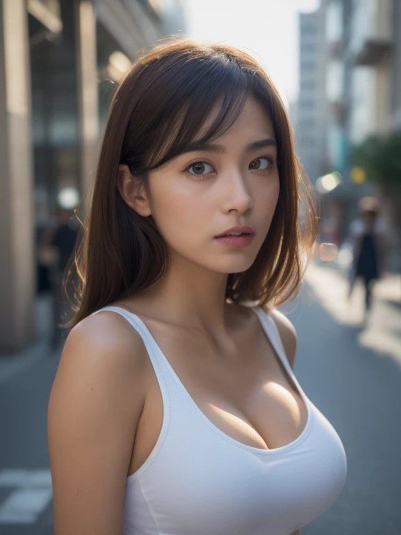 ((Realistic lighting, best qualtiy, 8K, tmasterpiece:1.3)), sharp fokus:1.2, 1girll, Beautiful Women with Perfect Figure:1.4, Slim abs:1.1, ((dark brown hair)), (White crop top:1.4),(exteriors,during night:1.1),the city street,Ultra-fine face,Fine eyes,二重まぶた,torn laundry,Exposed cleavage,