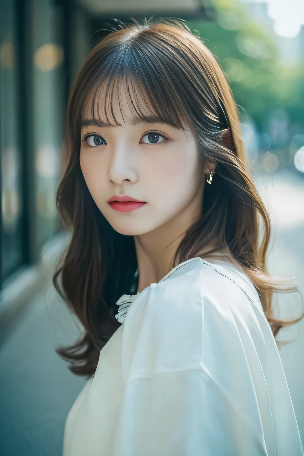 ((highest quality、8K、masterpiece:1.3))、1 girl、wavy shoulder length hair、Calm、Calm、(Realistic be familiar withd eyes、natural skin texture、リアルな顔のbe familiar with)、soft and dramatic lighting、vivid details、be familiar with、surreal、35mm film、Blur、city