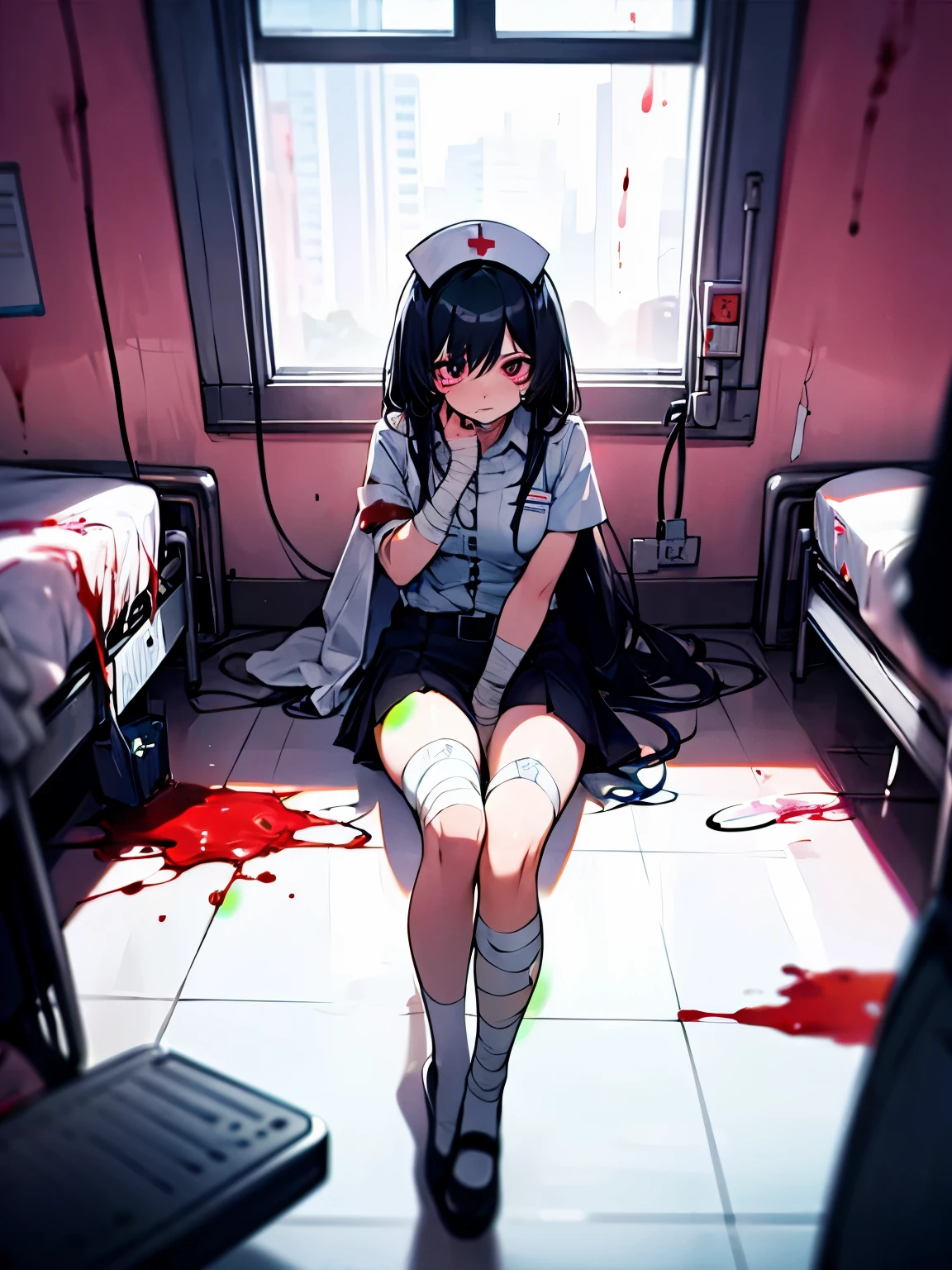 Blood droplets、blood、Internal organs、hospital、白と黒のnurse uniform、Bandages on both arms、Bandage on the leg、have a knife、cadaver、impatient face、be bothered、panic、hospitalの中、hospital room、desolation、window、black hair、pink eyes、long hairBlood droplets、blood、Internal organs、hospital、long hair、Let your hair down、disheveled hair、20-year-old、anxiety、panic、black and white short skirt、nurse uniform、aldult、kind、Blood droplets、short bangs、adult