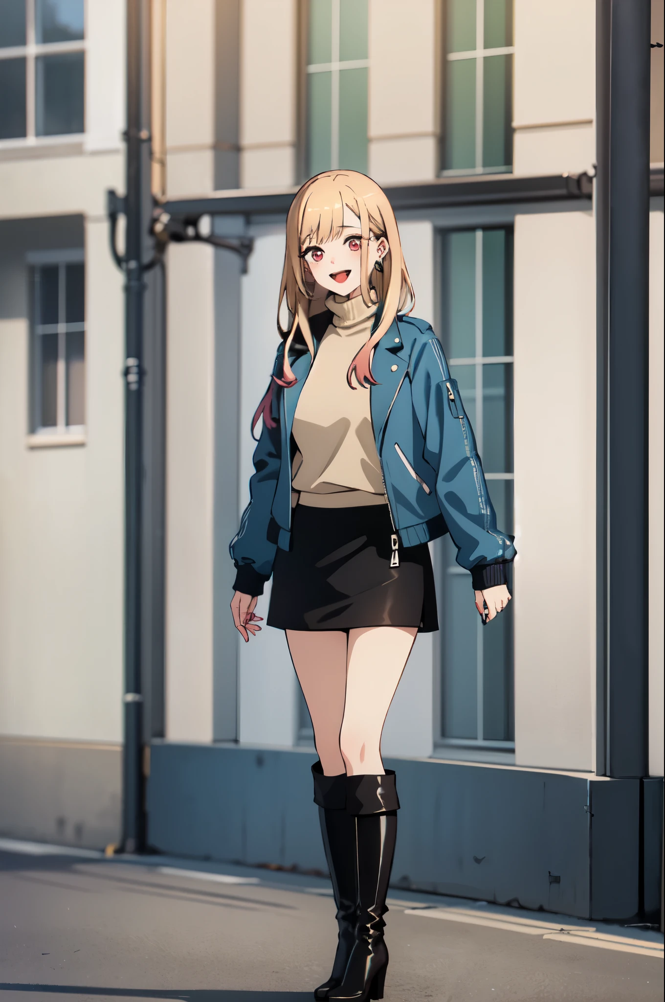 highest quality, (masterpiece:1.2), become familiar with,
Kitagawa Marine SB,
1 girl, alone, close your mouth, smile, lips long hair, blonde hair, red eyes, colorful hair, earrings,
Are standing, looking at the viewer、city、turtleneck、Leather skirt、(pastel colored down jacket)、Knee-high boots