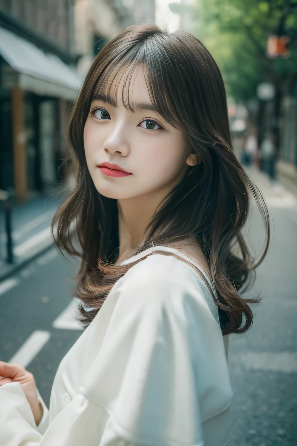 ((highest quality、8K、masterpiece:1.3))、1 girl、wavy shoulder length hair、Calm、Calm、(Realistic be familiar withd eyes、natural skin texture、リアルな顔のbe familiar with)、soft and dramatic lighting、vivid details、be familiar with、surreal、35mm film、Blur、city