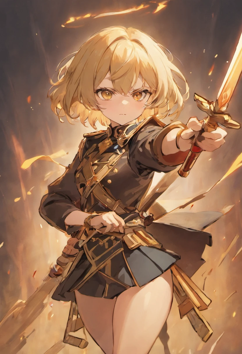 Female Genshin character in brown toy soldier inspired outfit with sword. Short blonde curled hair. Amber eyes. Serious expression. Rapier.