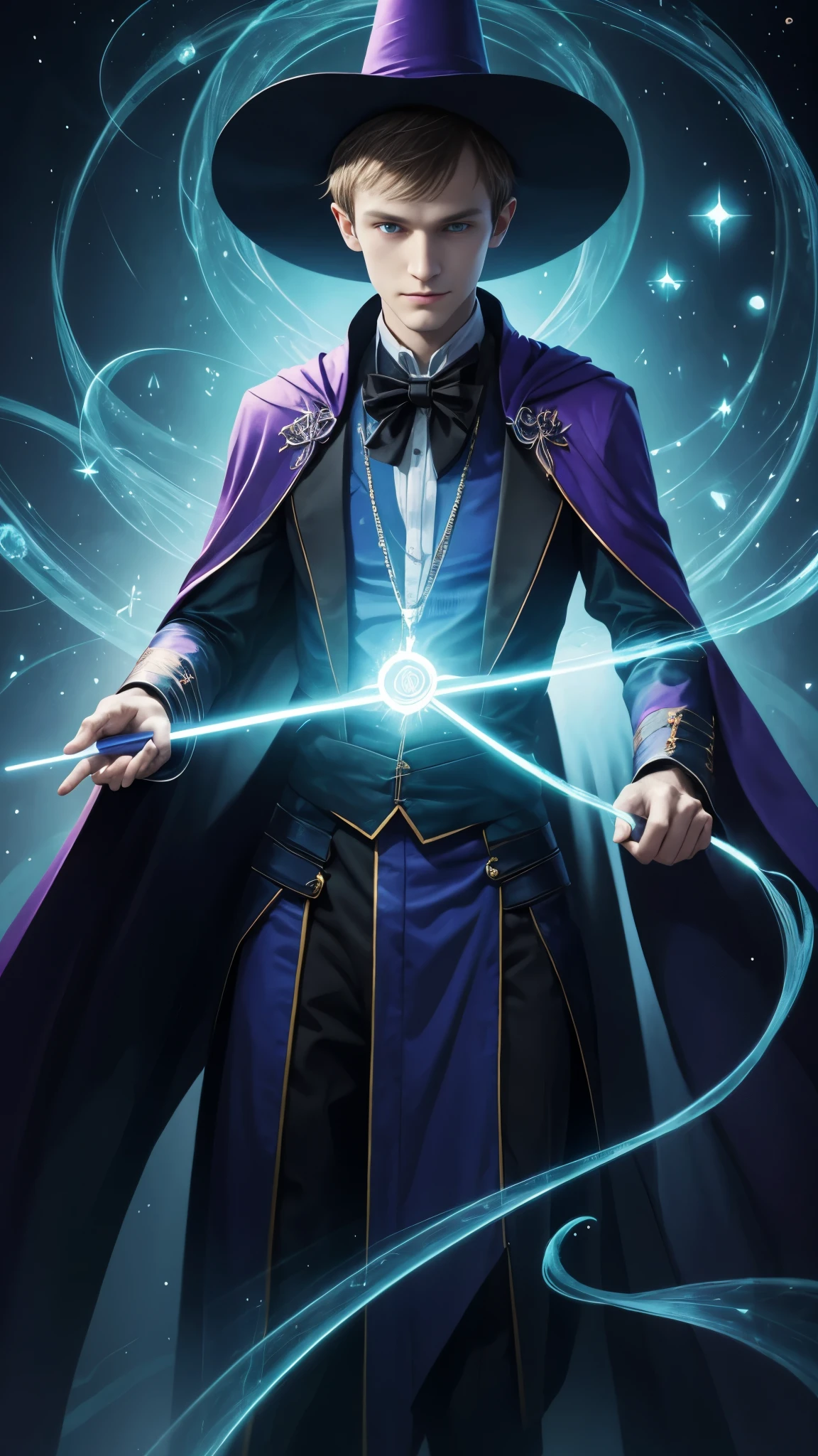 A vibrant digital painting by Vitalik Buterin portrayed as a magician, with an ethereal wand in hand, ethereal themed around the Ethereum project. The magician wears a colorful magician&#39;s hat and a magician&#39;s cape, increasing the mystical atmosphere. The ethereal wand glows with magical energy, casting a magical field of colorful lines and rough drawing techniques, improving the lively and charming illusion. Magician Vitalik&#39;s eyes are full of wisdom and wonder, irradiando uma aura cativante nesta obra-prima de arte digital. 8k, pintura digital, colorida, Desenho detalhado,