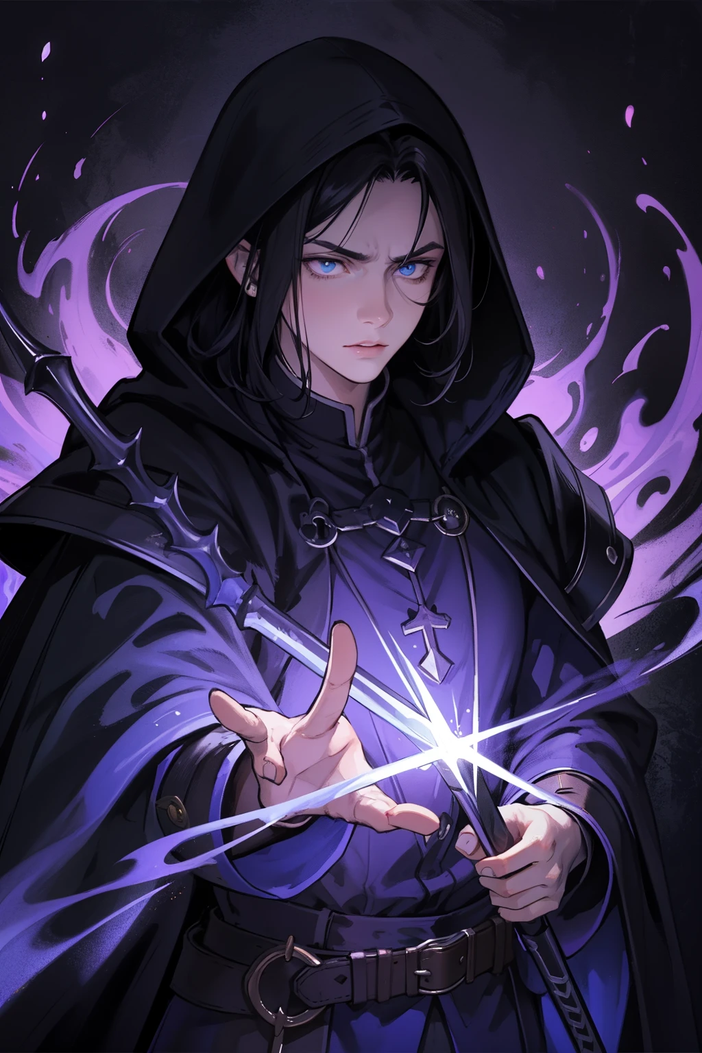 close shot of a dark scene, masterpiece, best quality, handsome serious male thief assassin rogue, short dark black hair, blue eyes, wearing mage cloak hooded, pointed ears, dark shadow magic with purple flames, with rapier on his right hand, woth a mage hand floating around, 4k