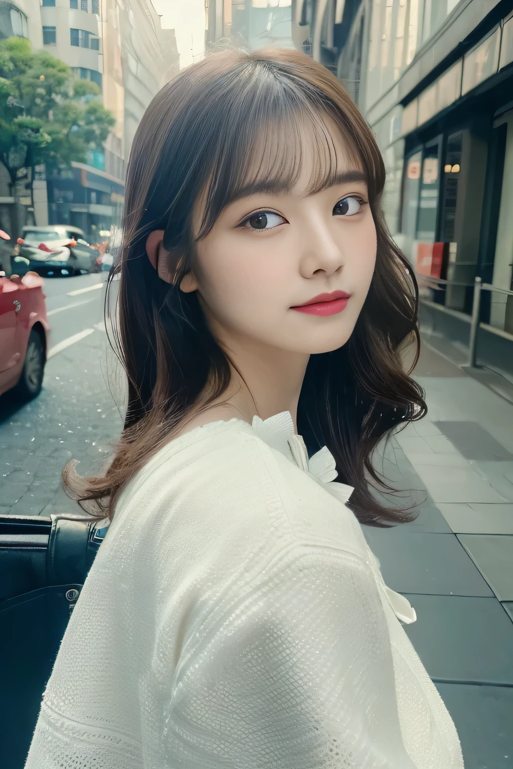 ((highest quality、8K、masterpiece:1.3))、1 girl、wavy shoulder length hair、Calm、Calm、(Realistic be familiar withd eyes、natural skin texture、リアルな顔のbe familiar with)、soft and dramatic lighting、vivid details、be familiar with、surreal、35mm film、Blur、city