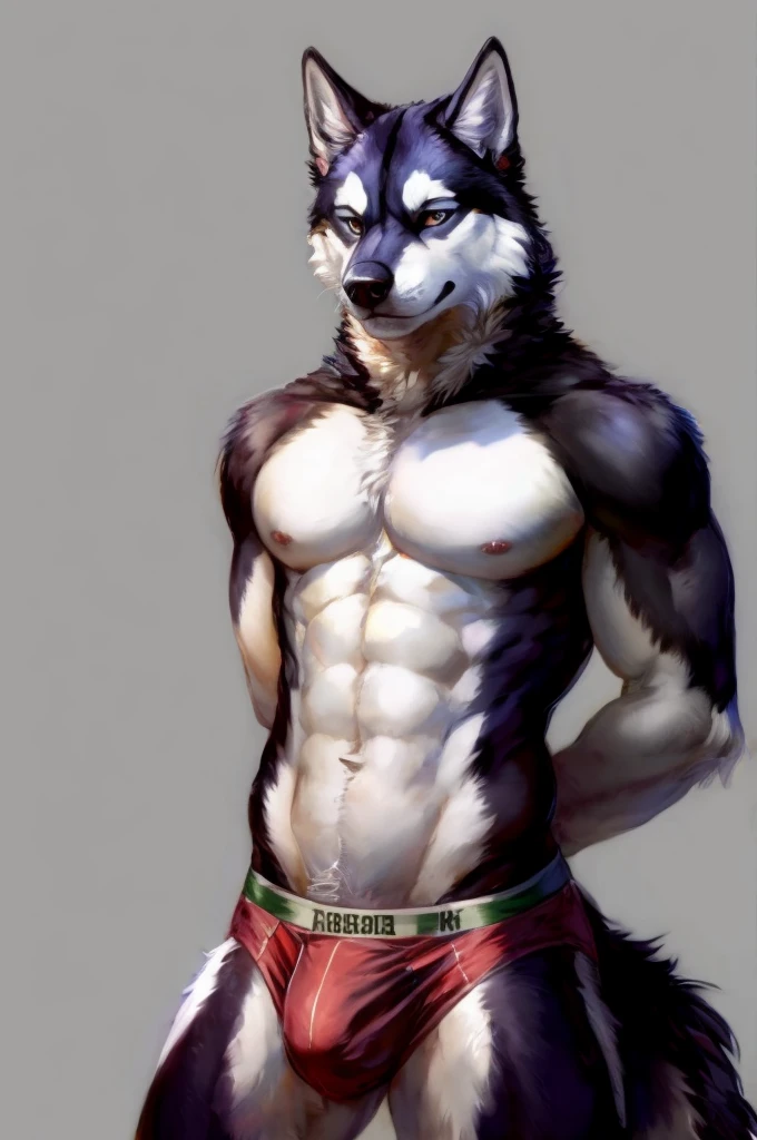 Solo, Furry, Anthro, Siberian Husky, Male, E621, Standing, Hands behind back, Wearing underwear, Simple background, Front view, by Childe Hassam
