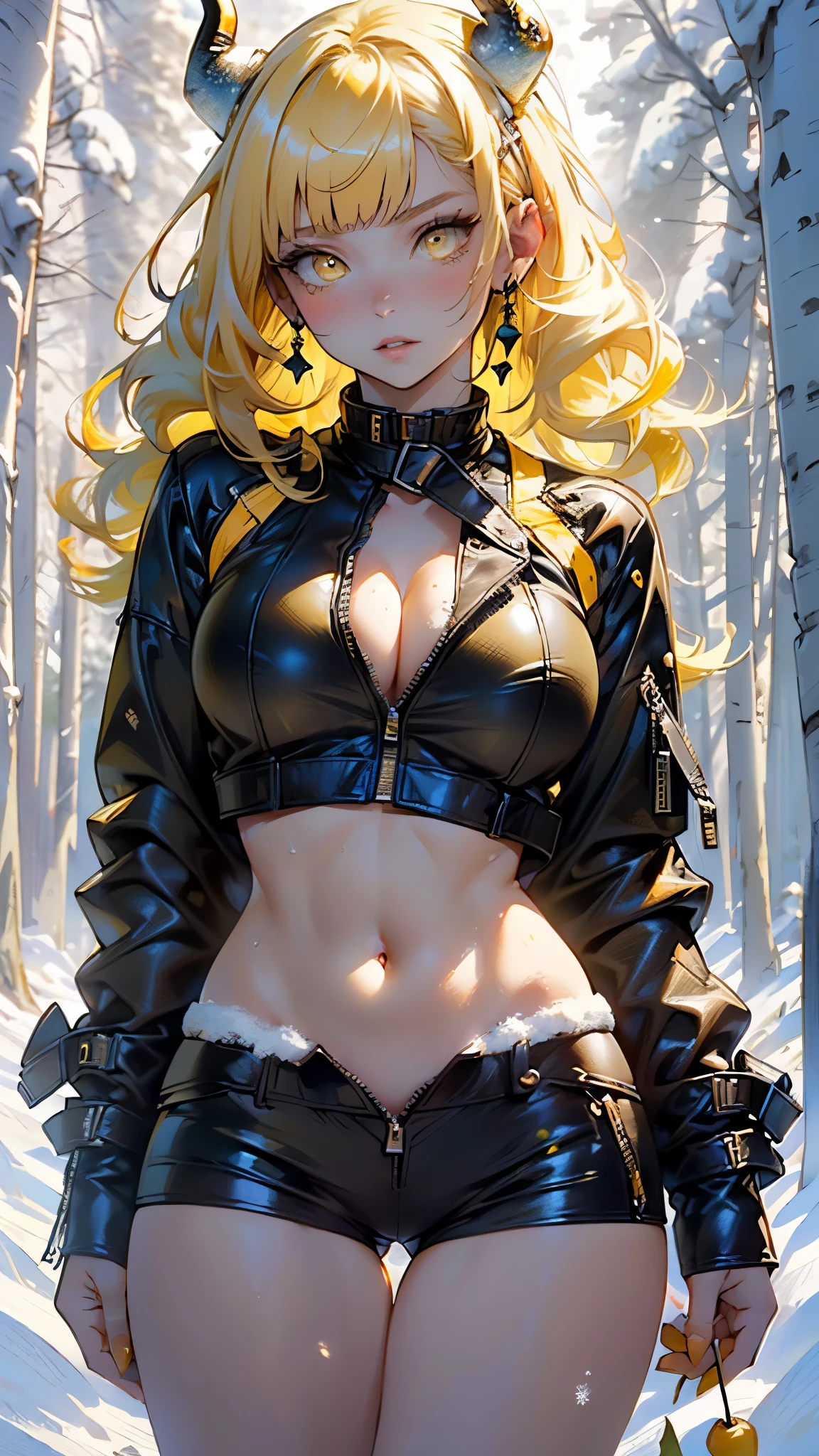 ((Demon girl,demon wings, yellow wings,demon horns)), 1 demon girl, girl,1girl,((extremely cute and beautiful demon yellow haired girl)),(large breasts:1.4),((((short yellow hair:1.35,bangs,colored inner hair,ear breathing)))),(((yellow_eyes:1.3))),intricate eyes,beautiful detailed eyes,symmetrical eyes,garnet eyes,((((lustrous skin:1.5,tanned skin,bright skin:1.5,skin tanned,shiny skin,very shiny skin,shiny body)))),(spider lower abdomen,narrow waist,wide hip,athletic body,inflated legs,thick thighs,detailed body,(detailed face)),((heart pupils:1.4, heart,hearts,heart marks)),

cute,slutty,seductive,erotic,(nsfw),

choker,latex,leather jacket,yellow shirt,leather short,(yellow theme:1.2),(yellow tone:1.2),black tone,((navel)),(((unzipped, open fly))),

(dynamic pose:1.0),(grin:0.6),provocative,(centered,scale to fit dimensions,Rule of thirds),

((snowy yellow cherry forest:1.5)),winter,scenery:1.25,((intricate scenery)),((snow forest background)),Christmas tree,

(Glossy winter ornaments),highres,sharp focus,(ultra detailed,extremely detailed),(photorealistic artwork:1.37),(extremely detailed CG unity 8k wallpaper),(((vibrant colors,vibrant theme))),(intricate),(masterpiece),(best quality),
