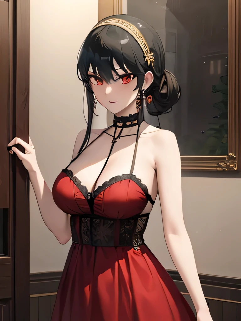 yor, 1girl, solo, black hair, red eyes, dress, bare shoulders, jewelry, ornament, lingerie, masterpiece, best quality, high resolution , hyper detailed,sunlight, wallpaper, 8K
