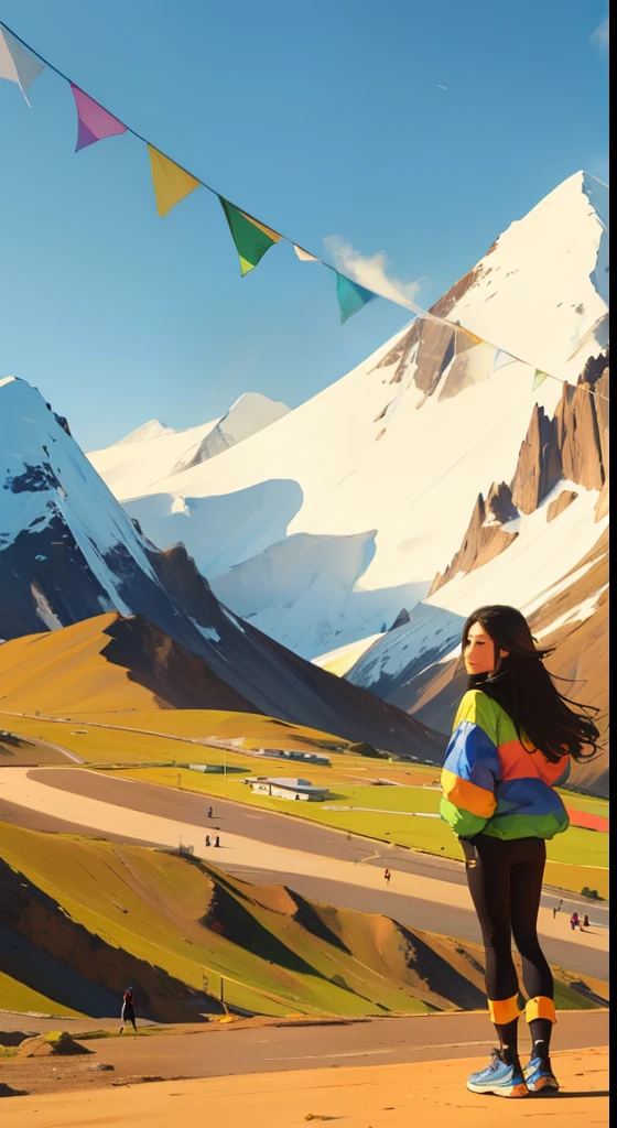creative pose, landscape, mountain, Vinicunca, mountain de toute les couleurs, mountain arc en ciel, Beautiful girl, UHD Portrait, (high quality) (ultra detail) Observe viewers dressed in hip-hop-style street clothes; another, colourful, long hair 🌈