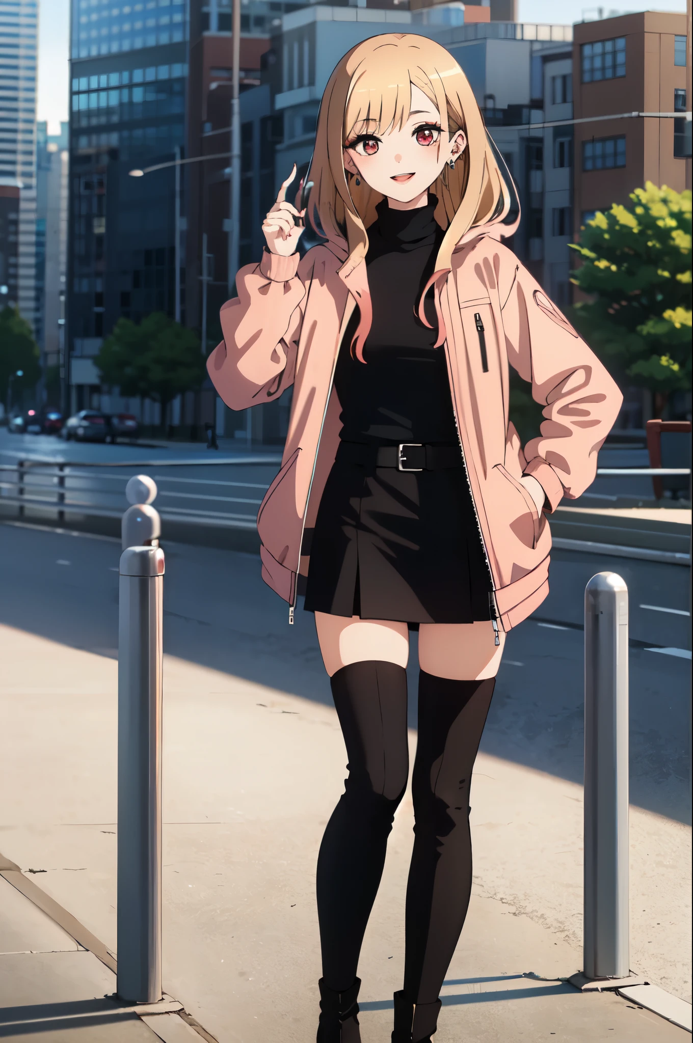 highest quality, (masterpiece:1.2), become familiar with,
Kitagawa Marine SB,
1 girl, alone, close your mouth, smile, lips long hair, blonde hair, red eyes, colorful hair, earrings,
Are standing, looking at the viewer、city、turtleneck、Leather skirt、(pastel colored down jacket)、Knee-high boots