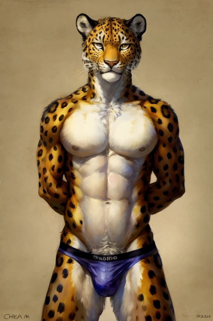 Solo, Furry, Anthro, Leopard, Male, E621, Standing, Hands behind back, Wearing underwear, Simple background, Front view, by Childe Hassam
