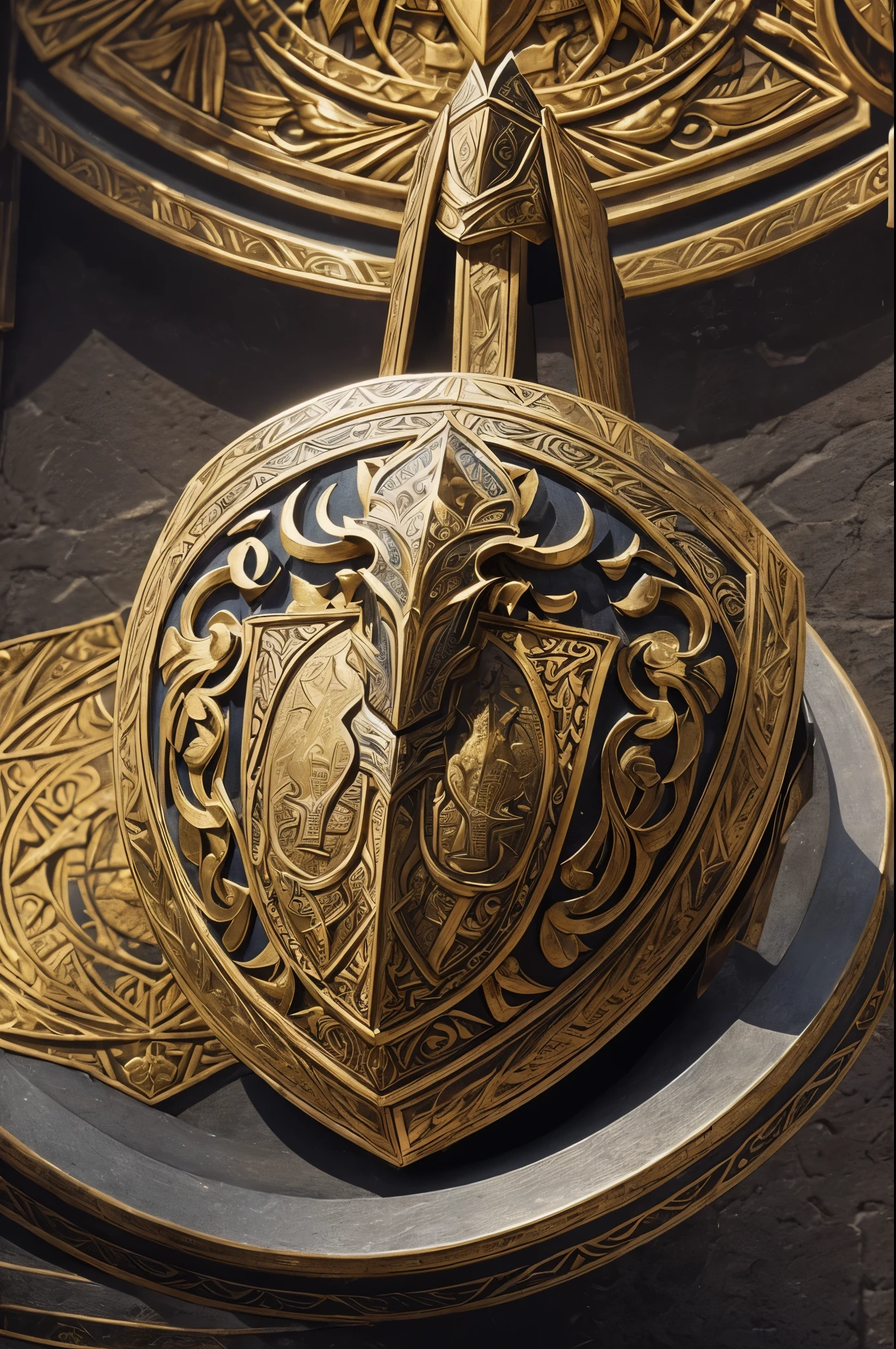 Masterpiece, (1.37:1.0), Medieval warfare scene, impressive and ornate shields, (detailed engravings:1.2), (elaborate designs:1.1), strong and sturdy construction, (vivid color schemes:1.2), shimmering metallic surfaces reflecting the (dynamic motion:1.1) of the battle, protective armors, fierce warriors with (strong and fierce expressions:1.2), holding shields, shield wall formations, (brave knights defending:1.1) against advancing armies, (heroic symbols:1.3) emblazoned on the shields, warrior's pride