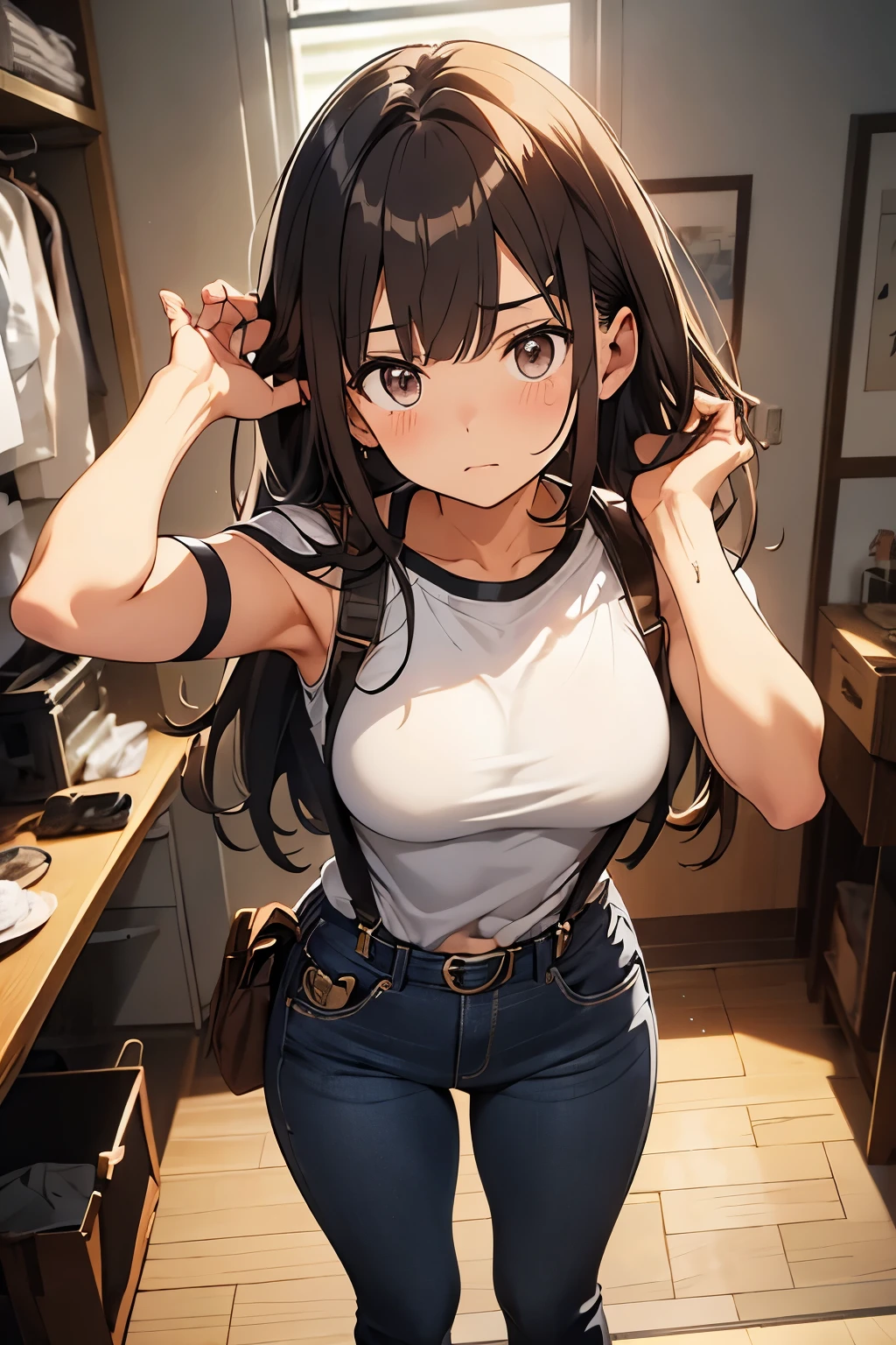 brown hair、looking at the viewer　　suspenders　　　Bulging big breasts　　 　 　　　　jeans　boots　　　　　Gaze　　　small face　bangs 　　　　　Beauty　　hands up　　 　Gaze 　黒いboots 　provocation　　armpit sweat　one person 　　put your hands behind your back　cutter shirt　　Black belt