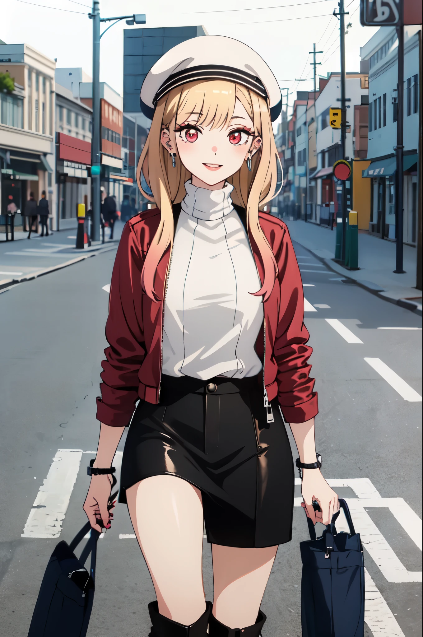 highest quality, (masterpiece:1.2), become familiar with,
Kitagawa Marine SB,
1 girl, alone, close your mouth, smile, lips long hair, blonde hair, red eyes, colorful hair, earrings,
Are standing, looking at the viewer、city、turtleneck、Leather skirt、(pastel colored down jacket)、Knee-high boots、hat