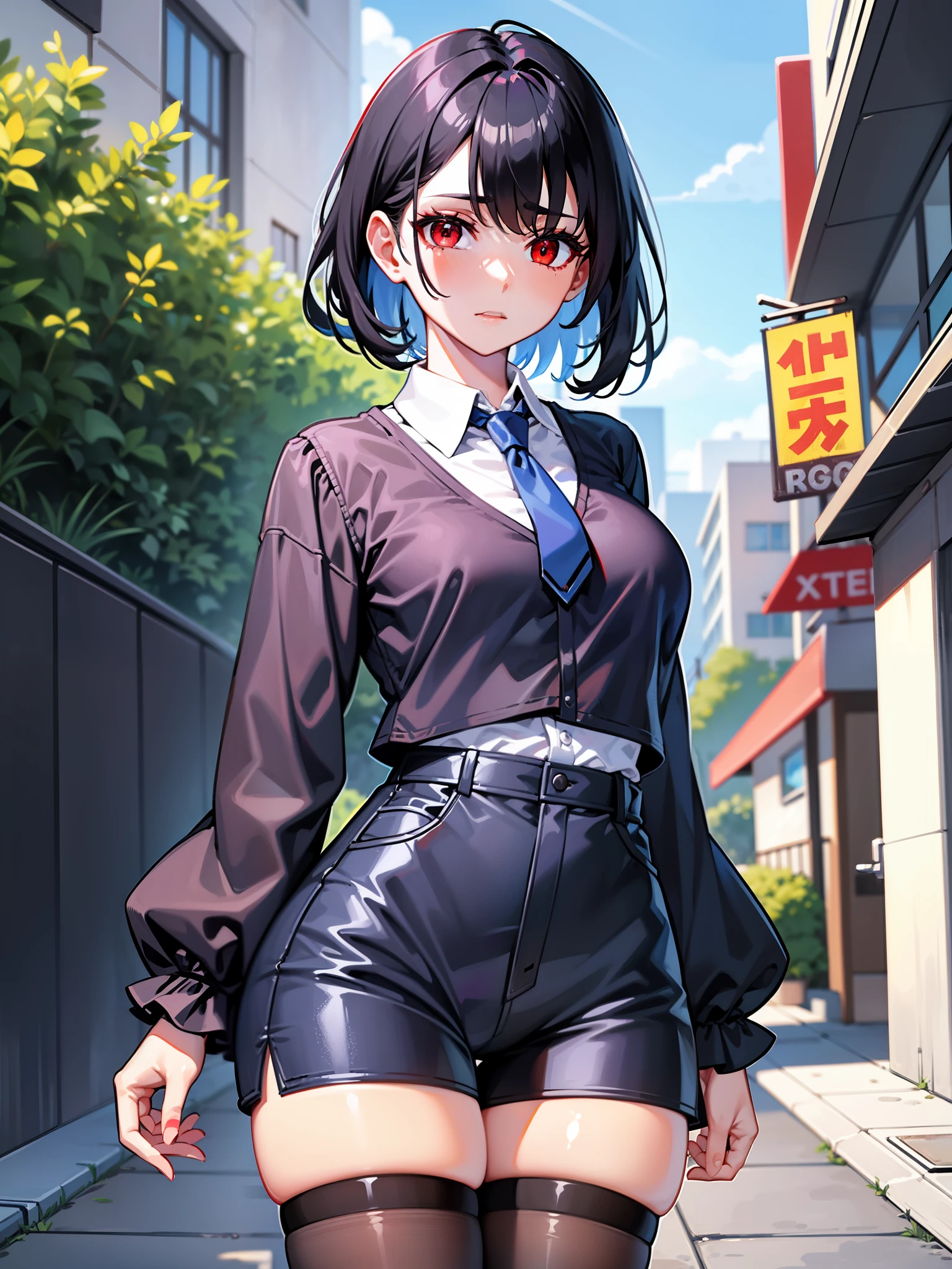 red eyes,Black hair short, short clothes with white collar sleeves, blue shorts, Black thigh socks, girl, outdoor