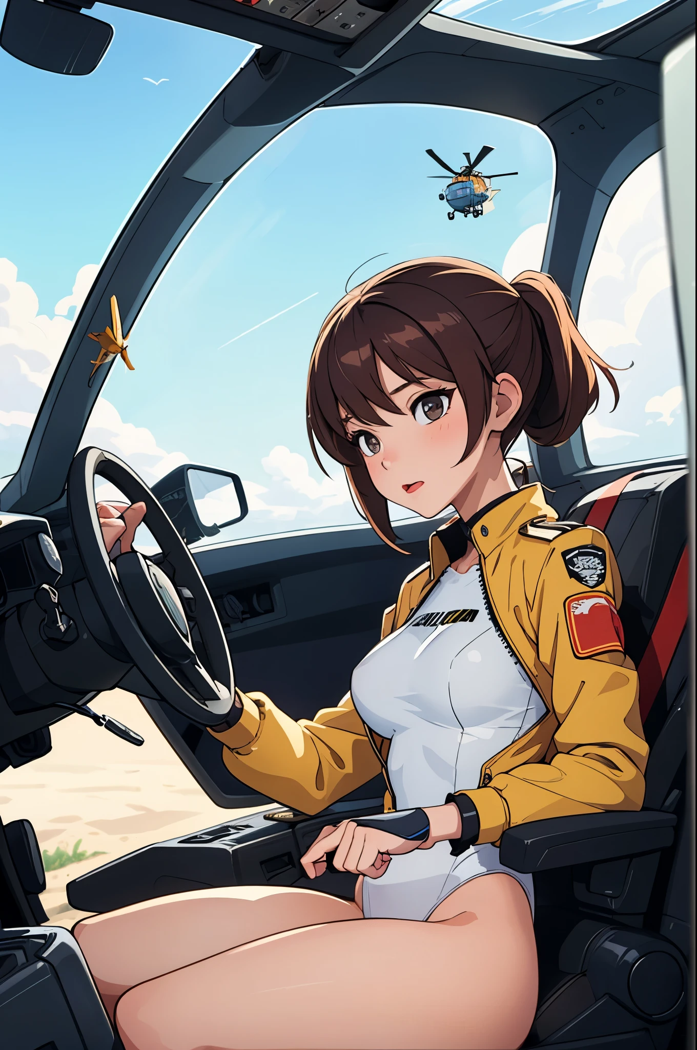 (masterpiece),( best quality), 1girl, pilot, flying helicopter, from cockpit, leotard,
