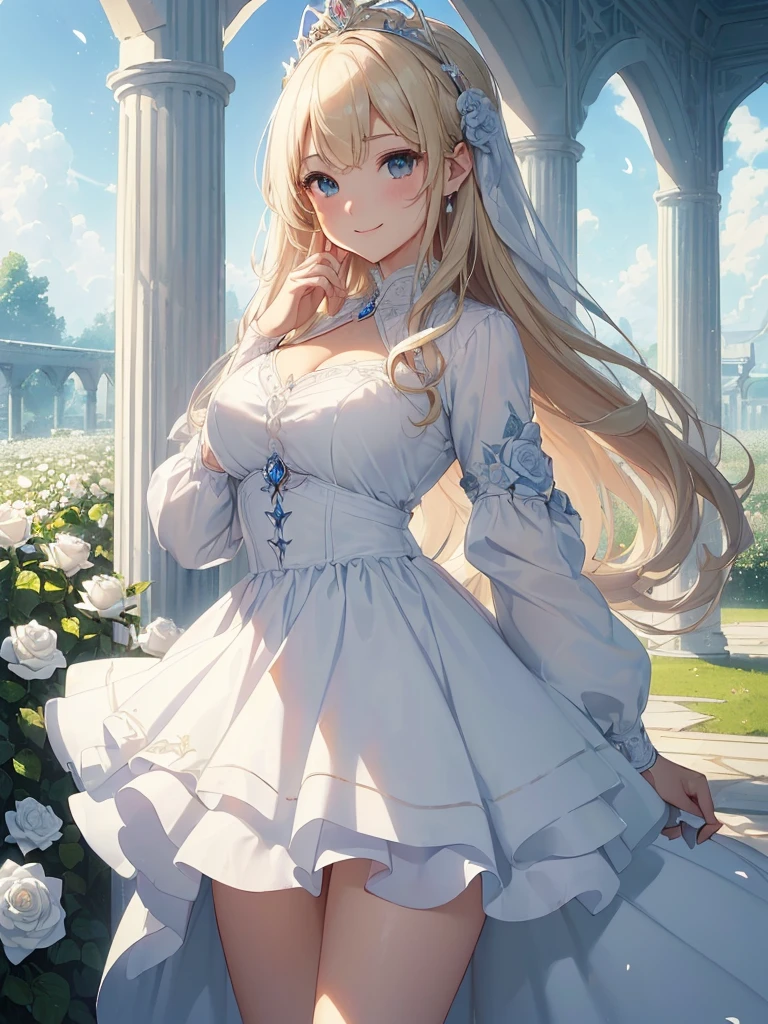 Luz | impacto genshin, obra maestra, mejor calidad, 1 chicas,25 years, proporcional body, proporcional., Vestidos de novia, Vestido de novia blanco, Falda larga, boda, pechos medianos, ,bara, gargantilla, Standing in the middle of a flower garden, exterior, boda, el cielo es hermoso, arm behind the back, Ver a los espectadores desde el frente., correa del muslo, nod, aburrido, 10, 10, High Definition, leve sonrisa,