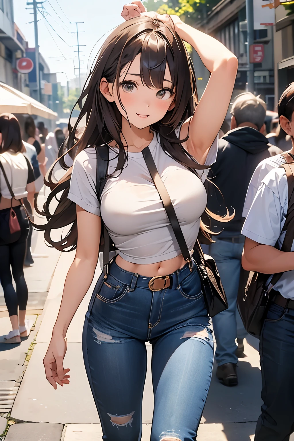 brown hair、looking at the viewer suspenders Bulging big breasts jeans boots Gaze small face bangs Beauty hands up Gaze 黒いboots provocation armpit sweat one person put your hands behind your back cutter shirt belt