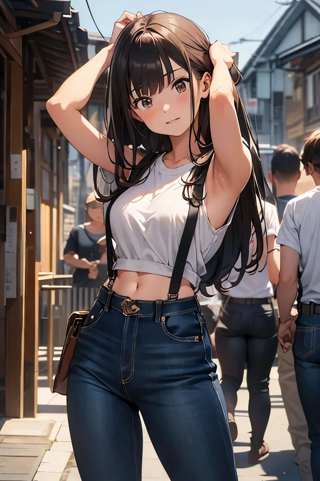 brown hair、looking at the viewer　　suspenders　　　Bulging big breasts　　 　 　　　　jeans　boots　　　　　Gaze　　　small face　bangs 　　　　　Beauty　　hands up　　 　Gaze 　黒いboots 　provocation　　armpit sweat　one person 　　put your hands behind your back　cutter shirt　　Black belt