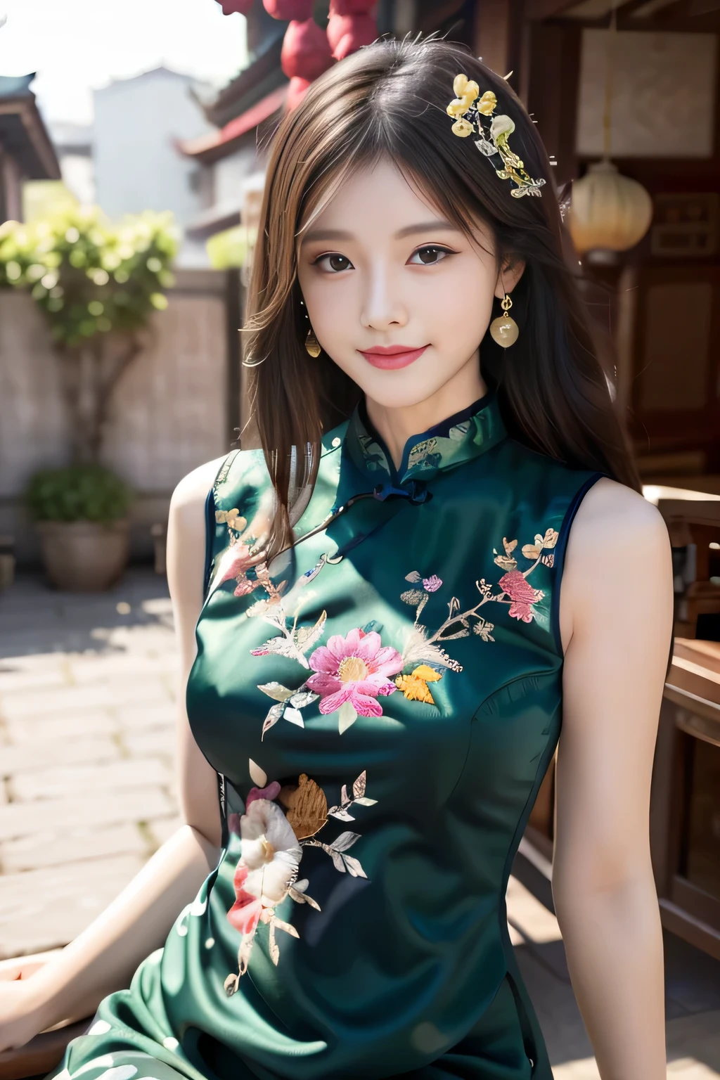 Ulchan-6500-v1.1, (RAW photo:1.2), (Photoreal:1.4), delicate beautiful girl，The sparkling eyes have a very nice atmosphere...............，18-year-old, Attractive eyes and moist lips，long black hair，（smile：1.3），detailed depiction of the face，Formula details，Detailed depiction of facial features Star Masterpiece Fine Detail，Describe your role in detail，Detailed depiction of hair，Carefully drawn ，My body is bumpy，Detailed depiction of the hand，Clothes drawn in detail，detailed depiction of the face，perfect face，軍隊で描かれたDetailed depiction of the hand，4 fingers and 1 thumb：1.3），orthofacial，choker necklace，lipstick，ear drops，，Photo of three-quarters，works of masters，Infinitely close to reality，（upper body photo：1.3），best image quality，highest quality，endless details，8K resolution，(((Beautiful patterned embroidered cheongsam 1.3)))，((dark green cheongsam dress)))，（Ancient courtyard scene：1.3）,laughter, small waist, sexy pose,bold pose, Beautiful legs visible through the slit of a long skirt