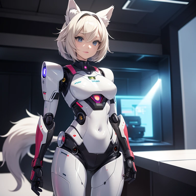 Anime style image of an Android robot girl who has a robotic body, is in underwear and has wolf ears and a tail who is in a room 