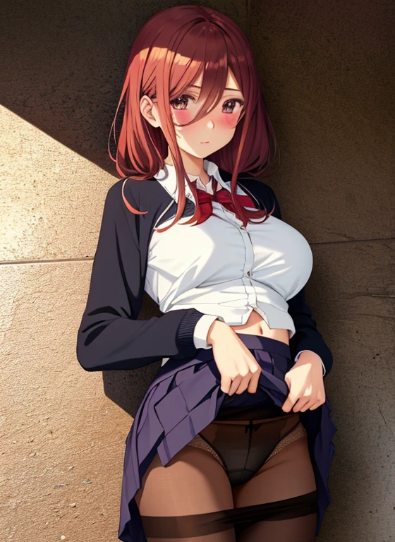 (masterpiece:1.2, highest quality), Super detailed illustrations, perfect anatomy, (skirt lift:1.5), ((skirt grab)),((panties)), alone, 1 female, big breasts, (blush all over the face), embarrassing, cowboy shot, (toilet:1.2),(urinal:1.3), dirty, (night:1.5),(dark background:1.1), school uniform, very fine hands, panty shot, ((black pantyhose)),((White Panties)) lift the skirt, place both hands in front of your stomach,white panties under brown pantyhose,