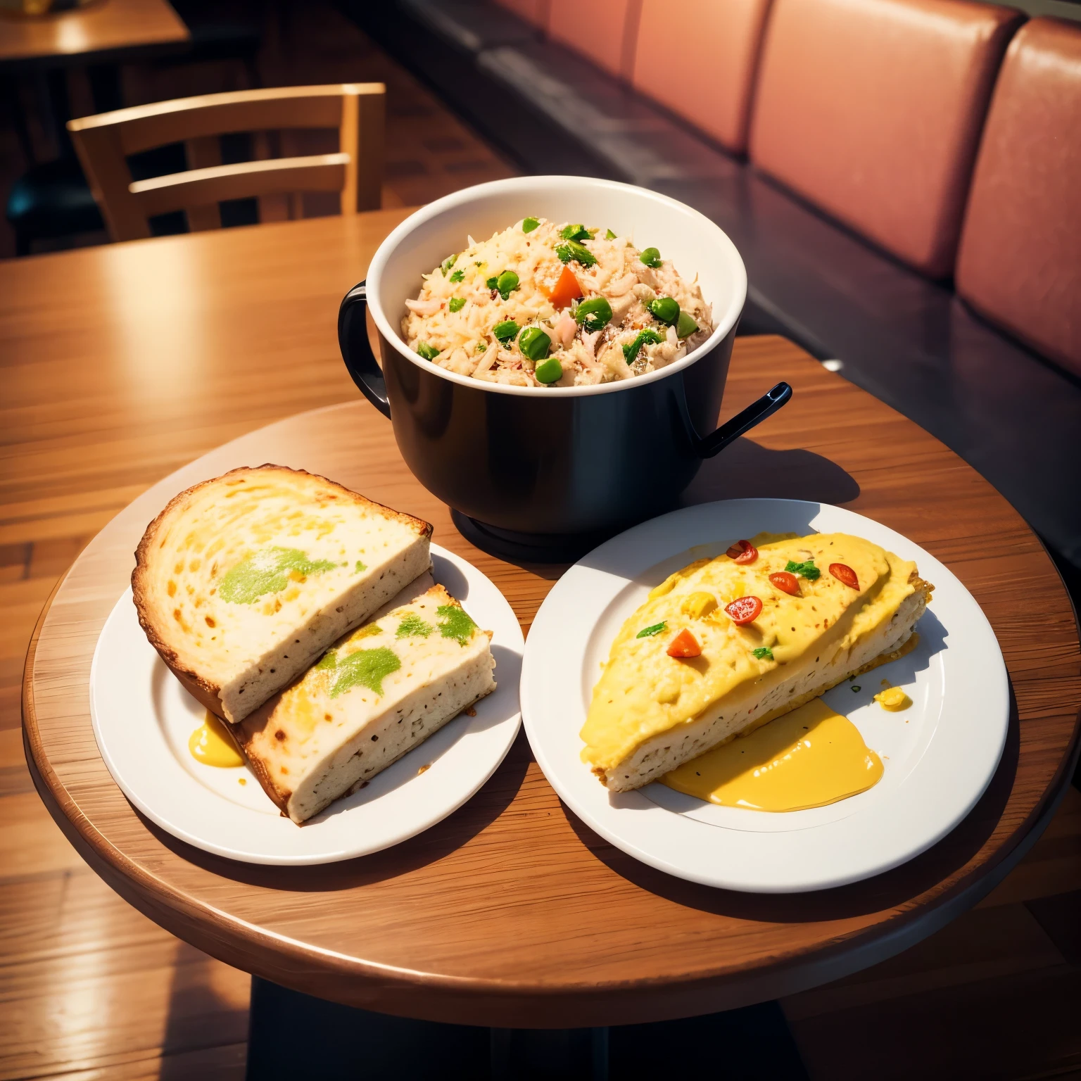 A plain omelet on the side of fried rice on a plate, a table seat in a restaurant, a cat sleeping on a chair opposite each other,