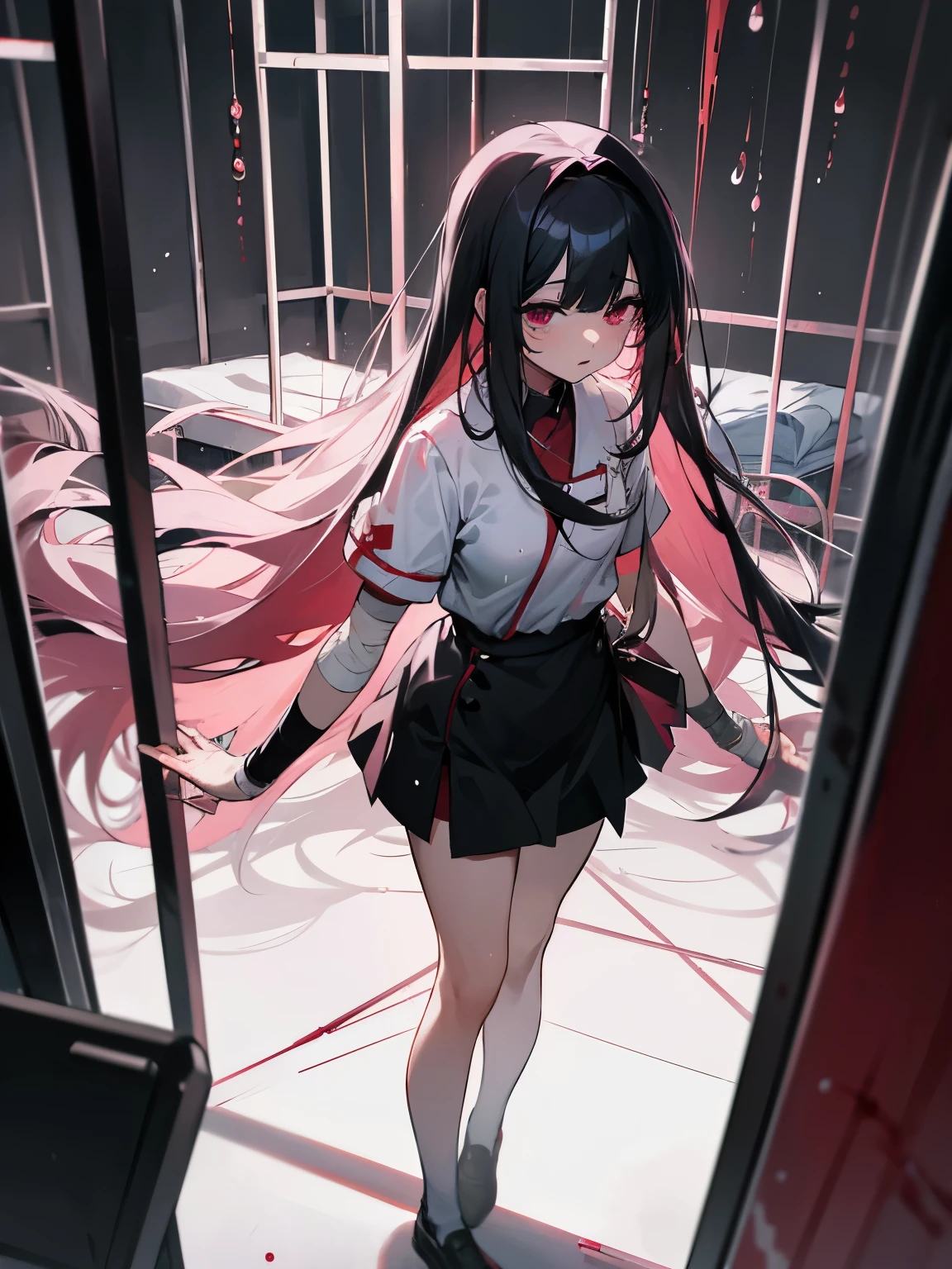 Blood droplets、blood、Internal organs、hospital、白と黒のnurse uniform、Bandages on both arms、Bandage on the leg、have a knife、cadaver、impatient face、be bothered、panic、hospitalの中、hospital room、desolation、window、black hair、pink eyes、long hairBlood droplets、blood、Internal organs、hospital、long hair、Let your hair down、disheveled hair、20-year-old、anxiety、panic、black and white short skirt、nurse uniform、aldult、kind、Blood droplets、short bangs、adult