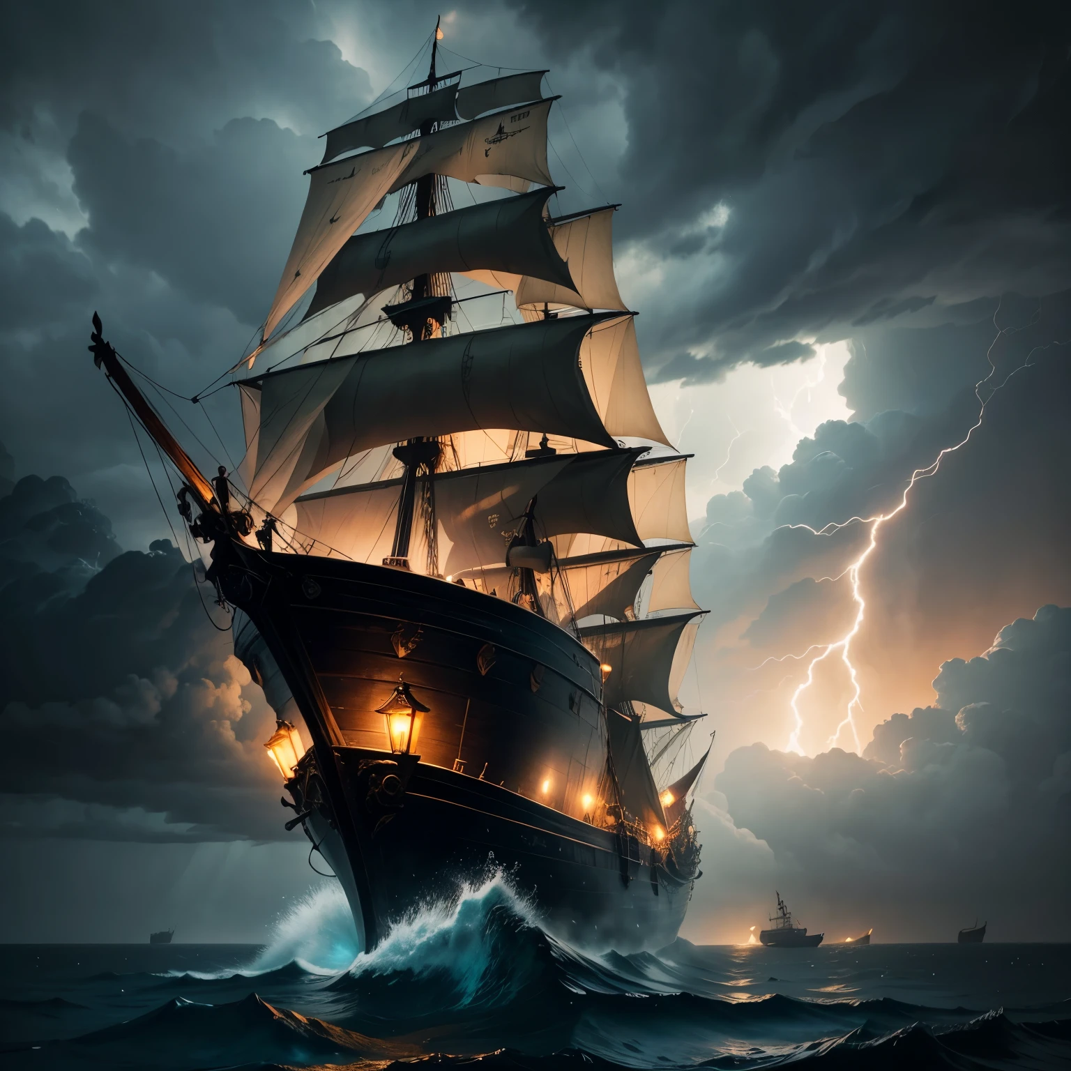 An old pirate ship , dramatic lighting , storm , lighting , masterpiece