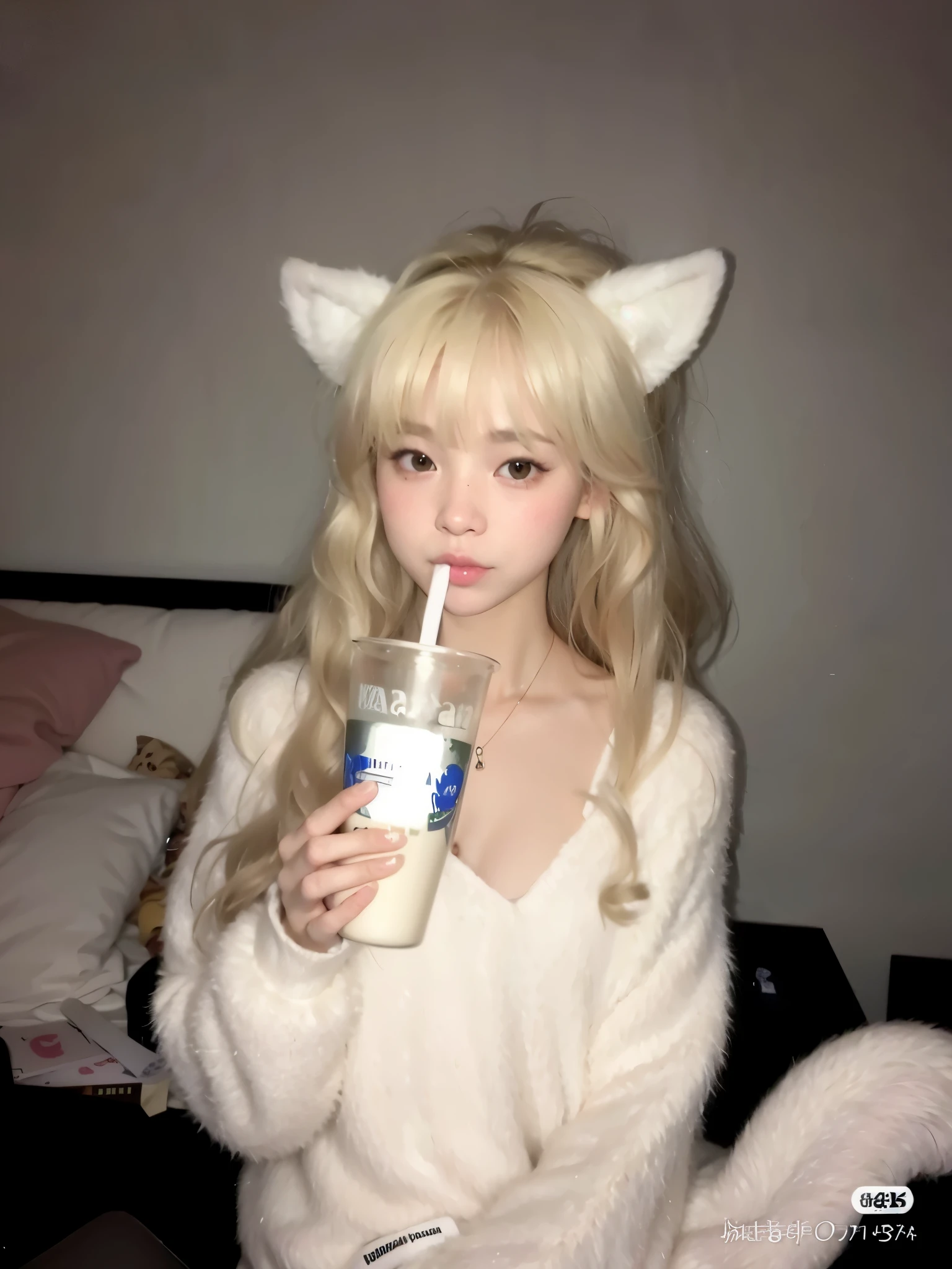 asian Garota in a branco gato costume drinking a drink, Ulzzang, Garota with gato ears, , very beautiful cute gatoGarota, branco gato Garota, , branco ( gato ) Garota, anime Garota in real life, fake gato ears, long branco hair and bangs, hair brancobangs hair