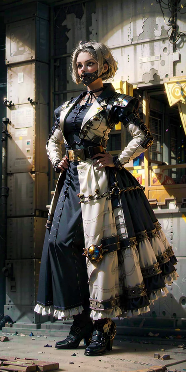 (masterpiece:1.2,high quality), 1girl, ((ultra realistic details)), global illumination, shadows, Unreal Engine, octane render, 8k, ultra sharp, metal, intricate, ornaments detailed, highly intricate details, yellow eyes, (mechanical body:1.2), white hair, (black gas mask), Gear, bob cut, hundreds of wires, Terran, (Robot, android:1.15), Apocalypse, broken buildings, full body, whole body. 1solo (girl). standing, hands on hips full body, whole body. choker, big belt, view from below, feet together, bracers, tiara