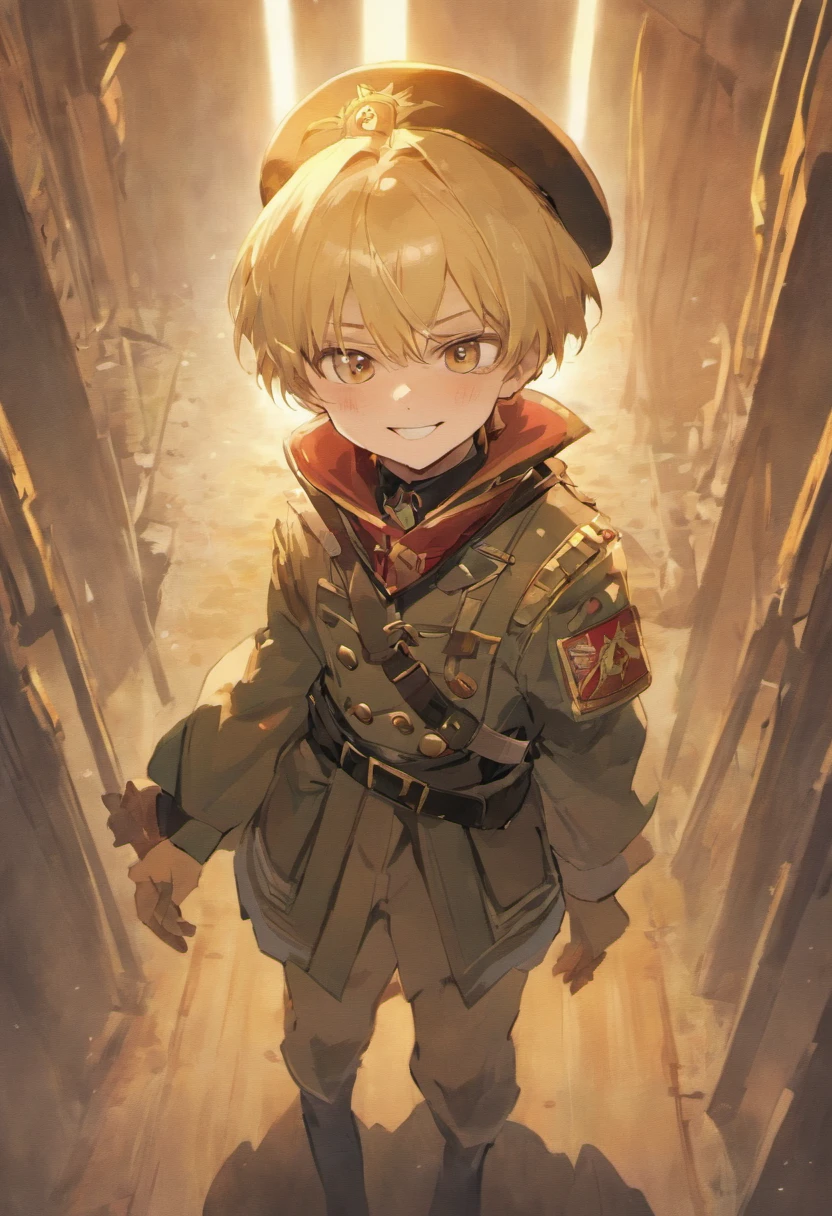 Male child in old German military uniform wearing smiling drama mask. Blonde bowl cut. Knee high socks. Fatui insignia on hat. Rigid pose. Face behind smiling mask. Pants that tuck into socks.